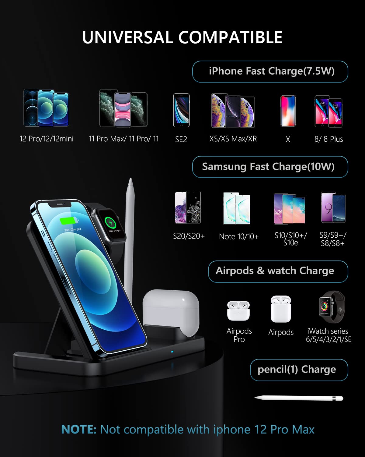 4-in-1 Fast Wireless Charging Station for iPhone 12/11/8/X & Samsung - Apple Watch & AirPods Pro Charger | Multi-Device Wireless Charging Stand for Home, Office & Nightstand Use