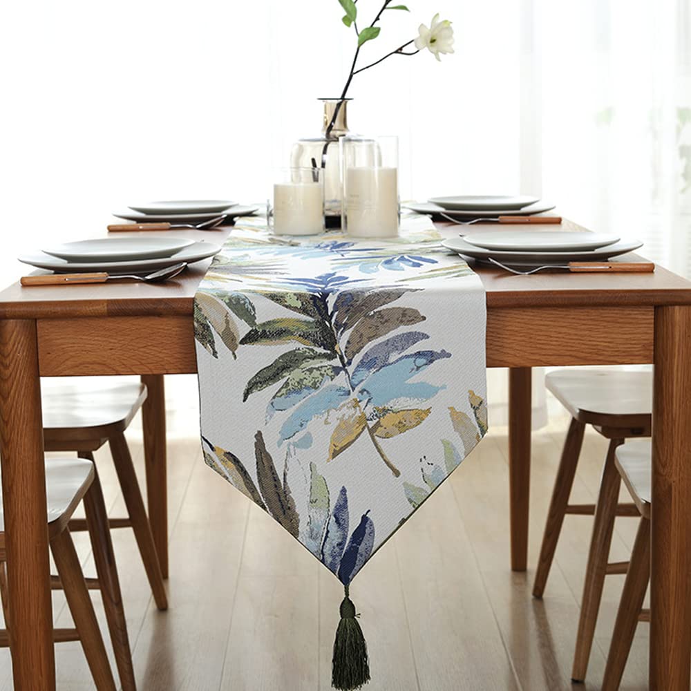 94.5 Inch Spring Summer Table Runner - Jacquard Leaf Print Farmhouse Style Coffee Table Scarf for Dining Room, Kitchen, and Home Decor