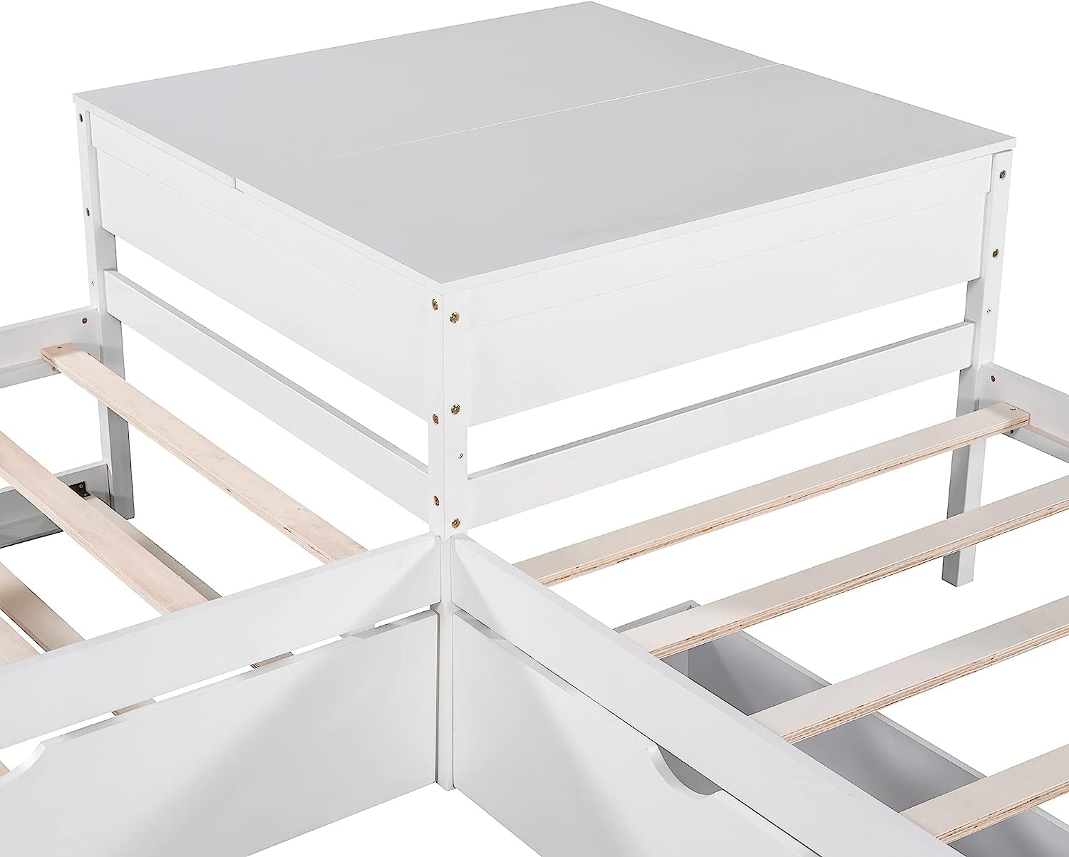 **L-Shaped Wooden Platform Bed with Trundle & Drawers - Twin Size, White - Built-in Desk & 3 Twin Beds for Kids, Teens, Boys & Girls - Perfect for Small Bedrooms, Shared Rooms & Multi-Kid Spaces**