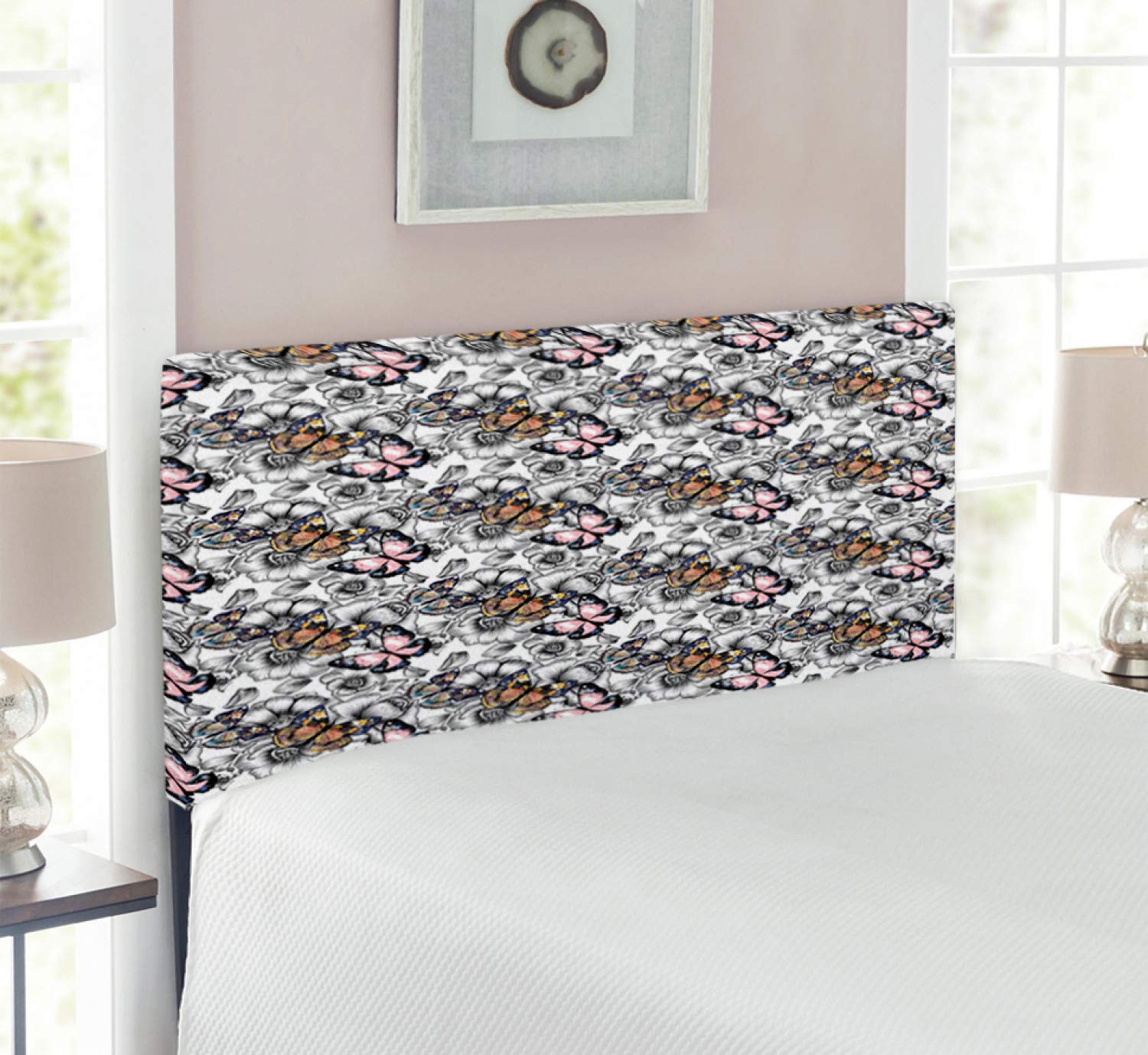 Ambesonne Butterfly Headboard - Monarch Butterflies on Hand Drawn Flowers Retro Style Upholstered Metal Bed Frame with Memory Foam, Twin Size, Multicolor - Perfect for Kids Room, Bedroom Decor & Vintage Style Home Furnishing
