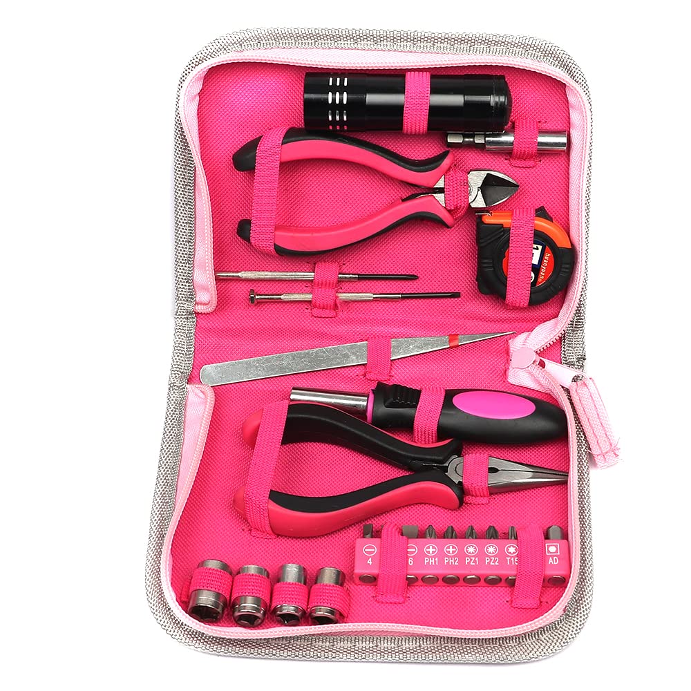 23-Piece Pink Lady Hand Tool Set with Toolbox - Household Repair Kit Including Pliers, Screwdrivers & More - Perfect for DIY Projects, Home Maintenance & Car Repairs