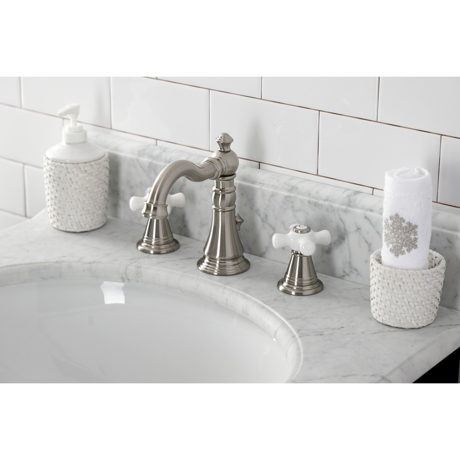 American Classic FSC1978APX Brushed Nickel Widespread Bathroom Faucet - 3 Hole Deck Mount with Pop Up Drain - Perfect for Modern Bathroom Renovations & Home Upgrades