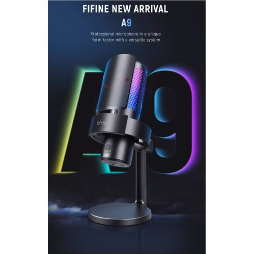 FIFINE A9 RGB USB Microphone with 4 Directional Patterns & Quick Mute Button - Professional Gaming, Podcasting & Recording Mic for Streamers, YouTubers & Home Studios