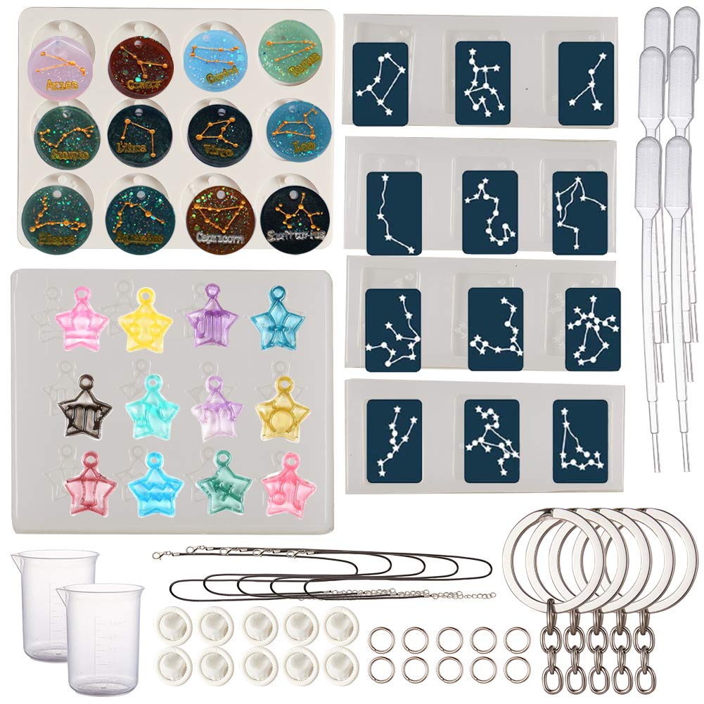 SunnyClue DIY 12 Constellations Resin Molds Set - Epoxy Disc Pendant & Rectangle Silicone Molds Kit with 18.7