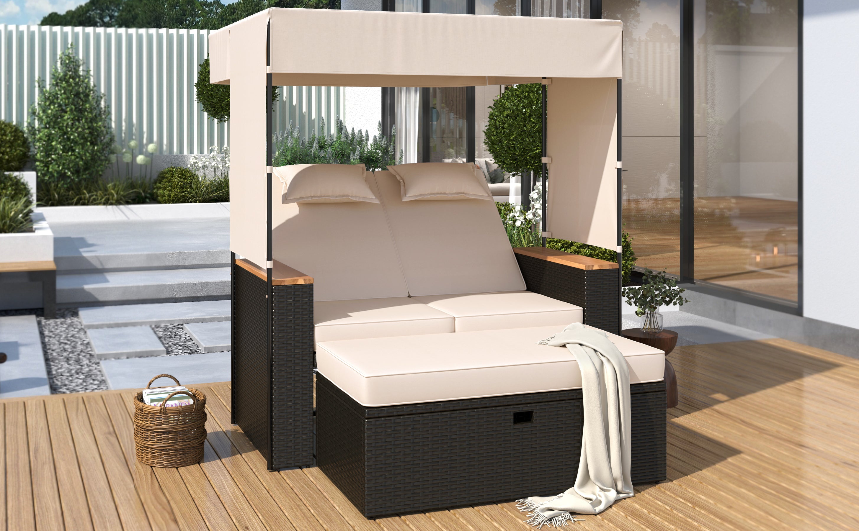 2-Piece Outdoor Rattan Daybed with 5 Adjustable Positions - Patio Loveseat Sofa Set for Poolside, Garden, or Backyard Relaxation