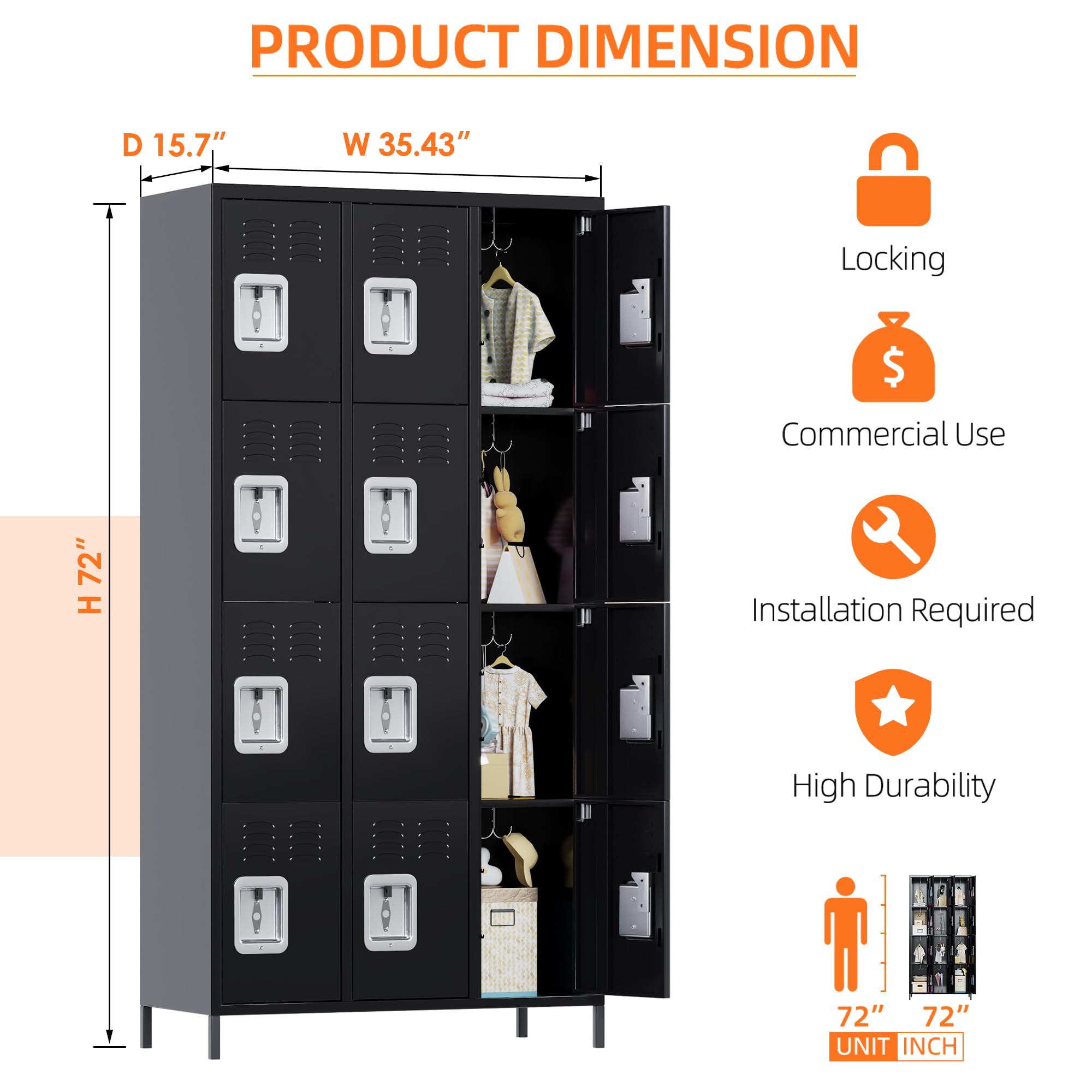 Aobabo 12-Door Metal Storage Locker with 12 Hooks - Heavy Duty Employee Locker for School, Office, Gym & Bedroom Organization - Easy Assembly Black Storage Cabinet for Clothes, Shoes & Personal Items
