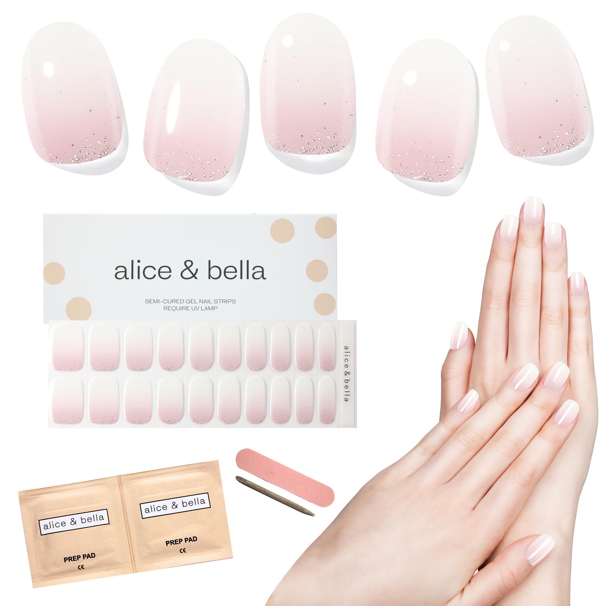 ALICE & BELLA Semi Cured Gel Nail Strips - 20 PCS Ombre Gradient Nail Stickers with Strengthening Effect, UV Light Cured Gel Polish for Salon Quality Manicure at Home (Bella's Favorite Ombre) - Perfect for Parties, Weddings, Holidays & Everyday Nail Art