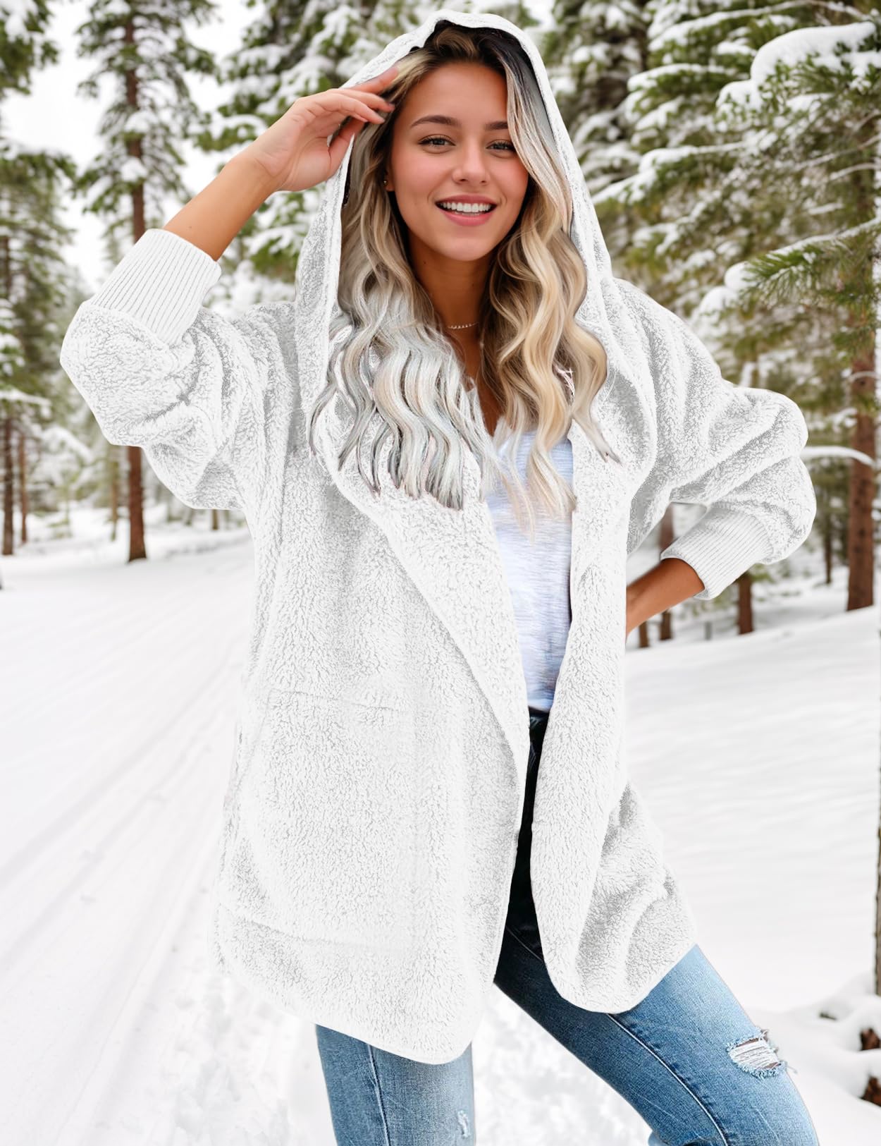 Zilcremo Women's Hooded Cardigan Jacket - Soft Fuzzy Fleece Winter Coat with Pockets | Open Front Cozy Outerwear for Casual Wear, Lounge & Cold Weather