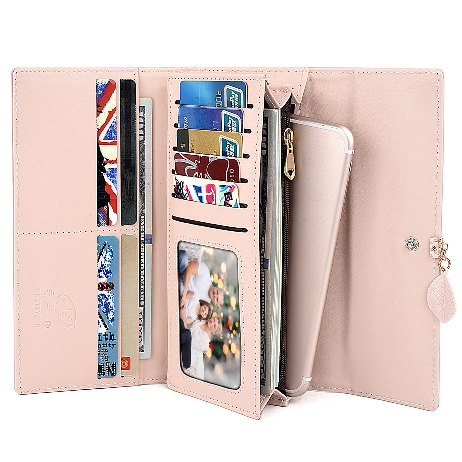 UTO RFID Blocking Wallet for Women - PU Leather Leaf Pendant Card Holder with Zipper Coin Purse | Phone & Checkbook Organizer | Perfect for Travel, Shopping & Everyday Use