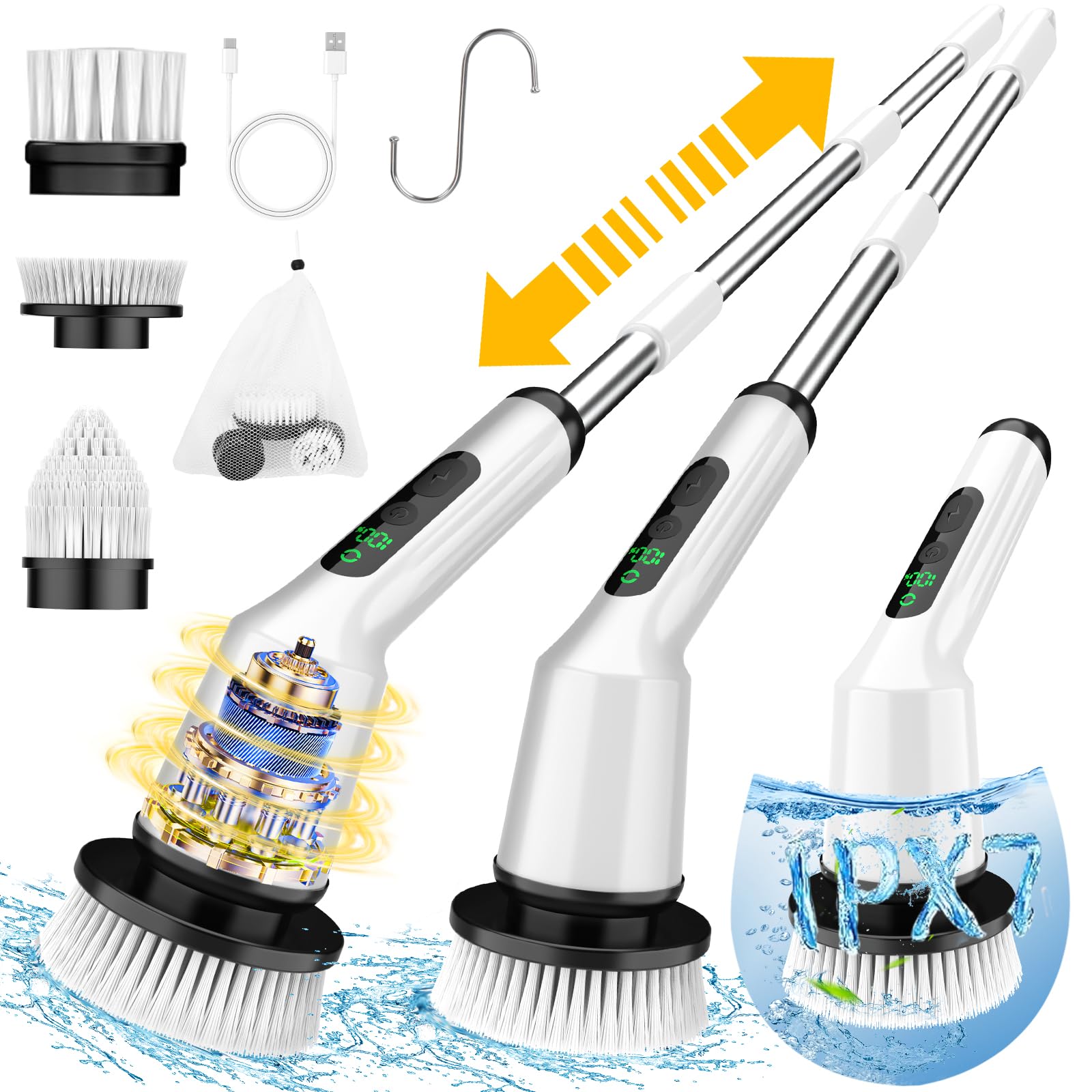 Electric Spin Scrubber Cordless - IPX7 Waterproof Bathroom Cleaner with 3 Brush Heads & 2 Speed Modes | Powerful Shower, Tub, Tile, Toilet, and Kitchen Cleaning Tool for Effortless Deep Cleaning