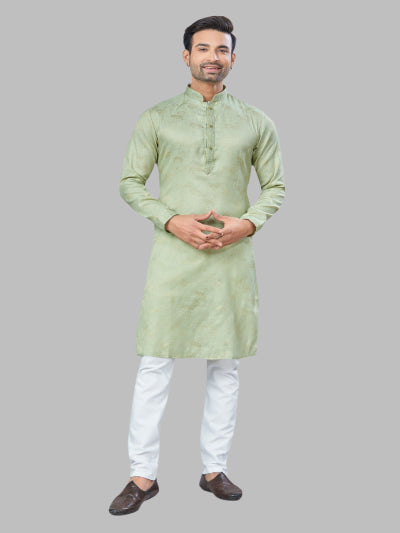 Stylish Pista Green Men's Jacquard Kurta with Cotton Pajama Set - Traditional Indian Ethnic Wear for Festivals, Weddings & Special Occasions
