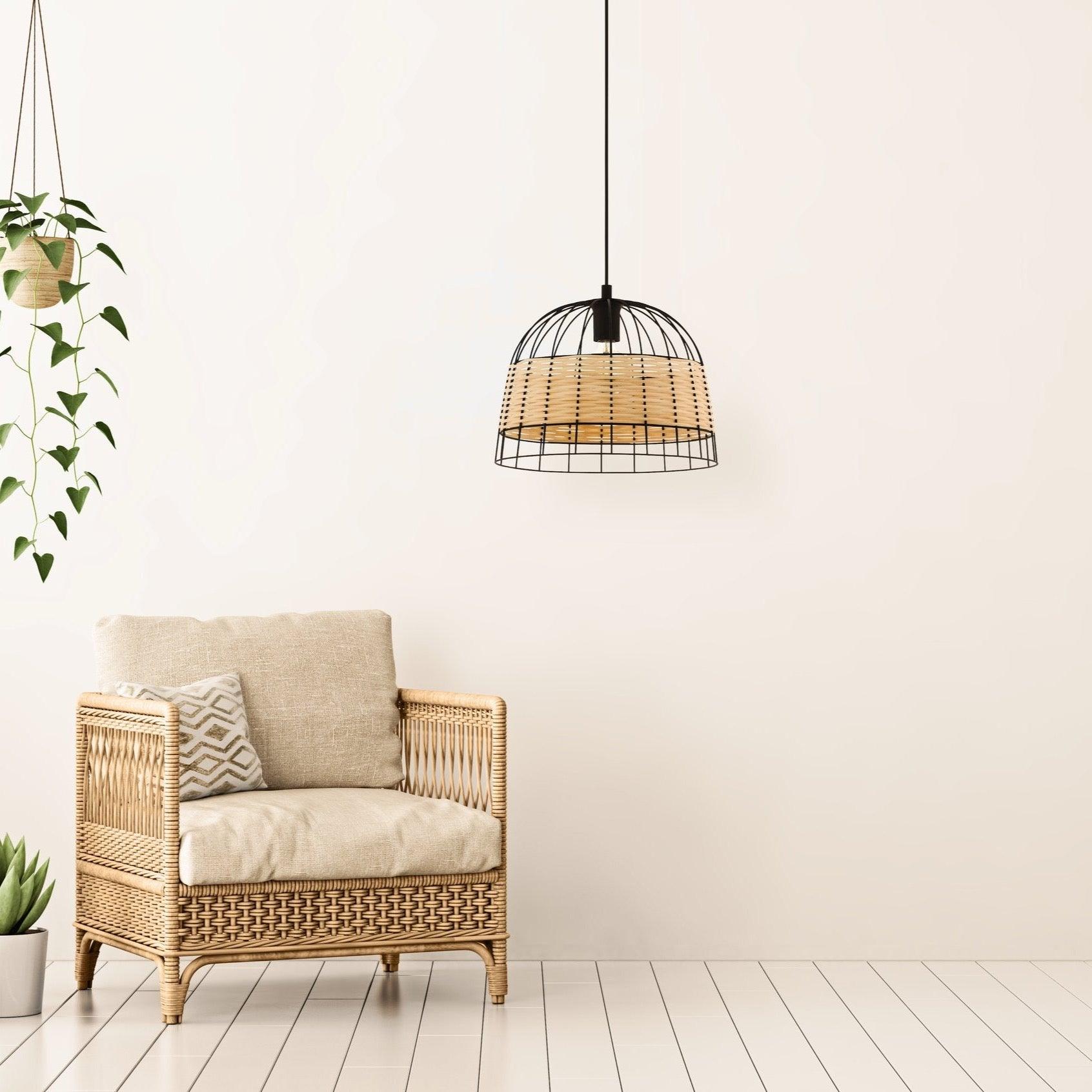 Eglo Anwick Black Metal Frame & Woven Rattan Ceiling Pendant Light - Modern Farmhouse Lighting for Dining Room, Kitchen Island, and Bedroom