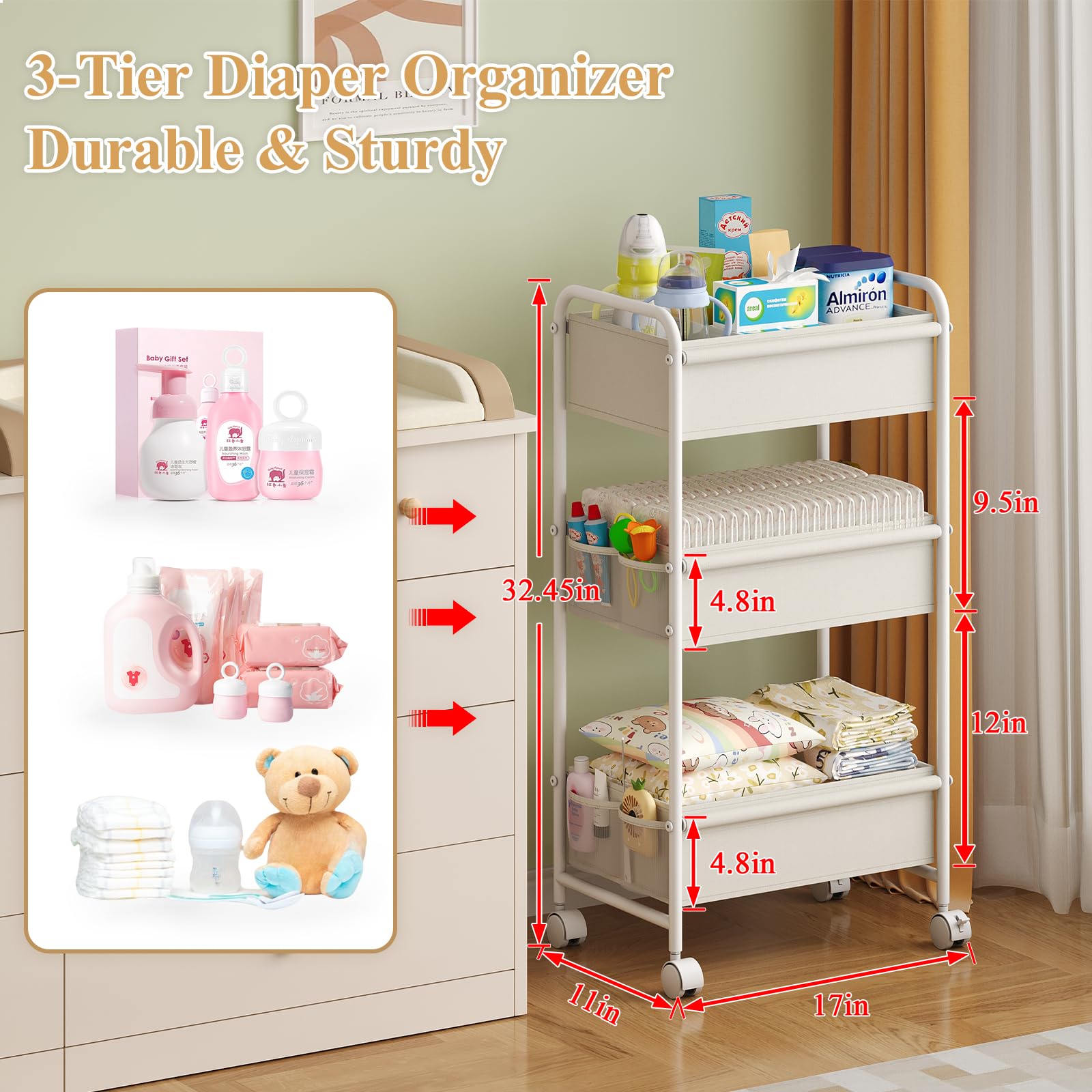 3-Tier Baby Diaper Caddy Cart Organizer with 2 Dividers & 8 Mesh Pockets - Mobile Nursery Storage Cart with Wheels, Durable Metal Utility Cart for Nursery, Bedroom, Bathroom Essentials Organization - Perfect for Baby Care, Home Organization & Daily Storage Needs