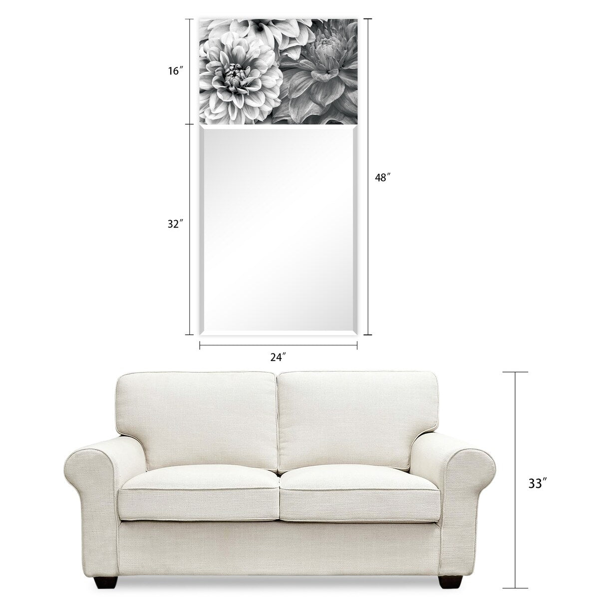 Blossoms Rectangular Beveled Mirror - Free Floating Printed Tempered Art Glass - 24 x 48 Inches - Clear Wall Mirror for Living Room, Bedroom & Bathroom Decor