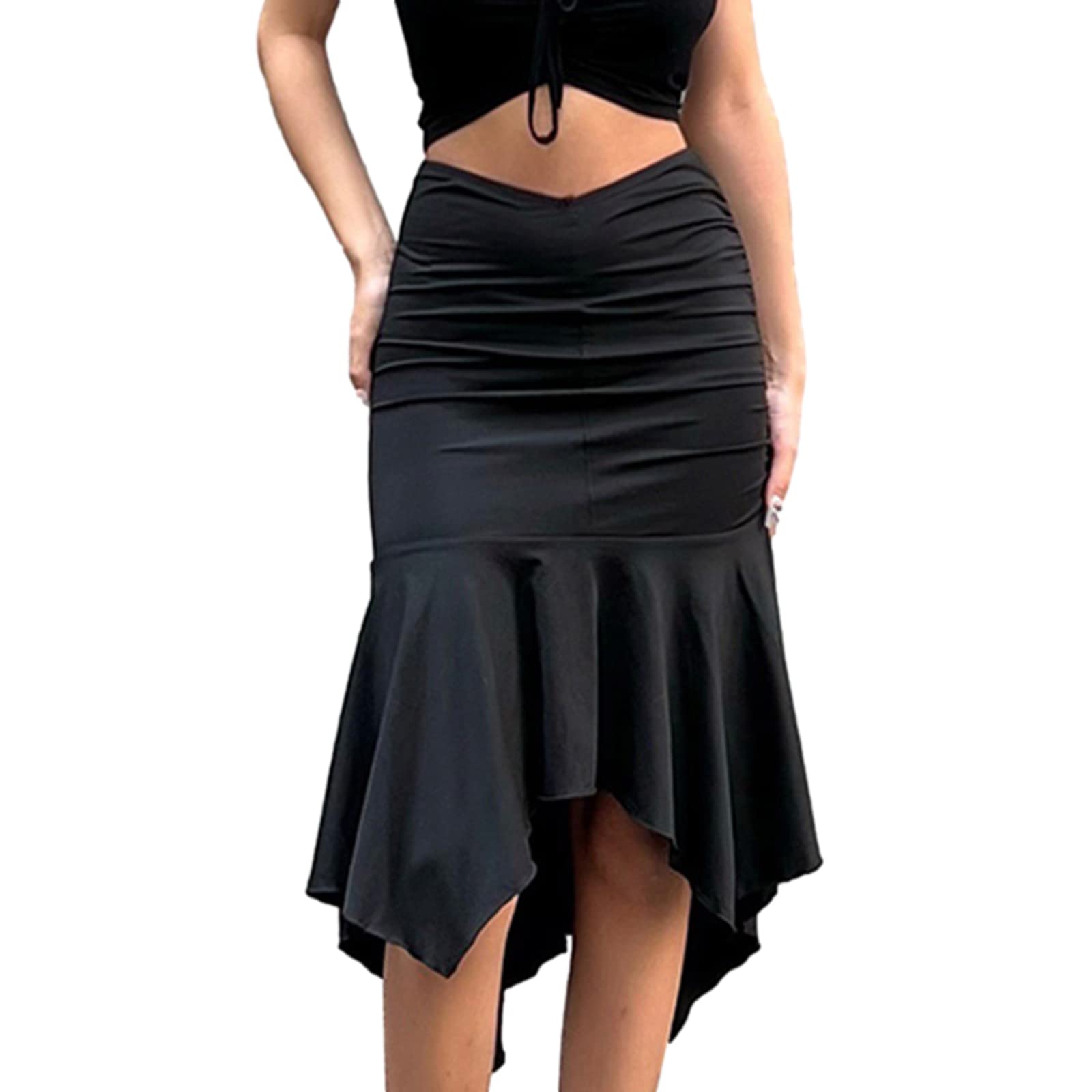 Vintage High Waist Ruched Midi Skirt with Irregular Ruffle Hem - Women's Wrap Skirt for Spring & Summer | Perfect for Casual Outings, Date Nights & Office Wear