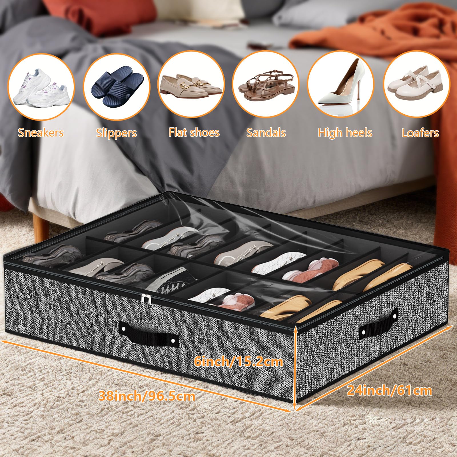 32 Pairs Under Bed Shoe Organizer - Extra Large Shoe Storage Boxes & Bins for Closet, Bedroom - Black Set of 2 - Perfect for Sneakers, Boots & Sandals Organization