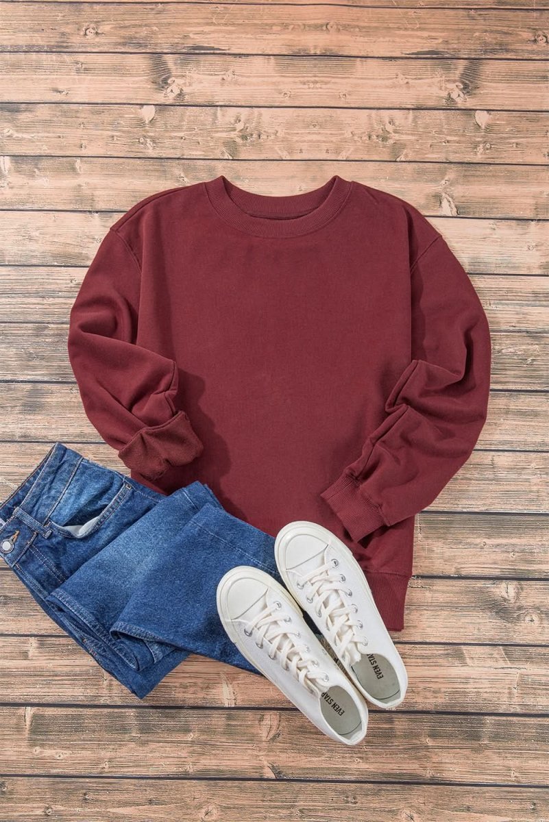 Burgundy Plain Drop Shoulder Crewneck Pullover Sweatshirt for Women - Casual Loose Fit Long Sleeve Sweater for Fall Winter Fashion, Lounge, Travel & Everyday Wear