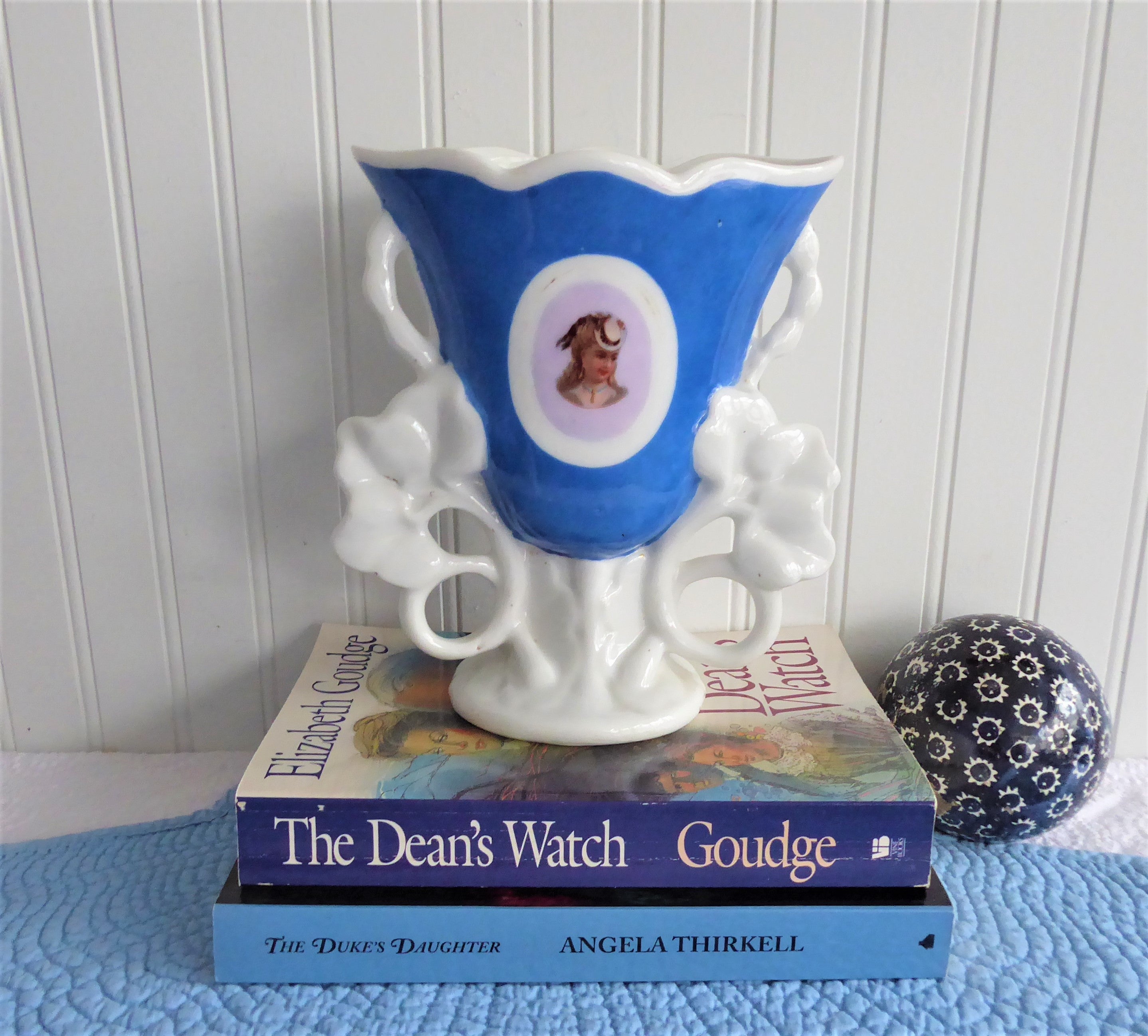 Antique Victorian Portrait Spill Vase - 1880s German Flatback Mantel Vase with Elegant Lady in Hat - Perfect for Fireplace Decor & Victorian Home Accents