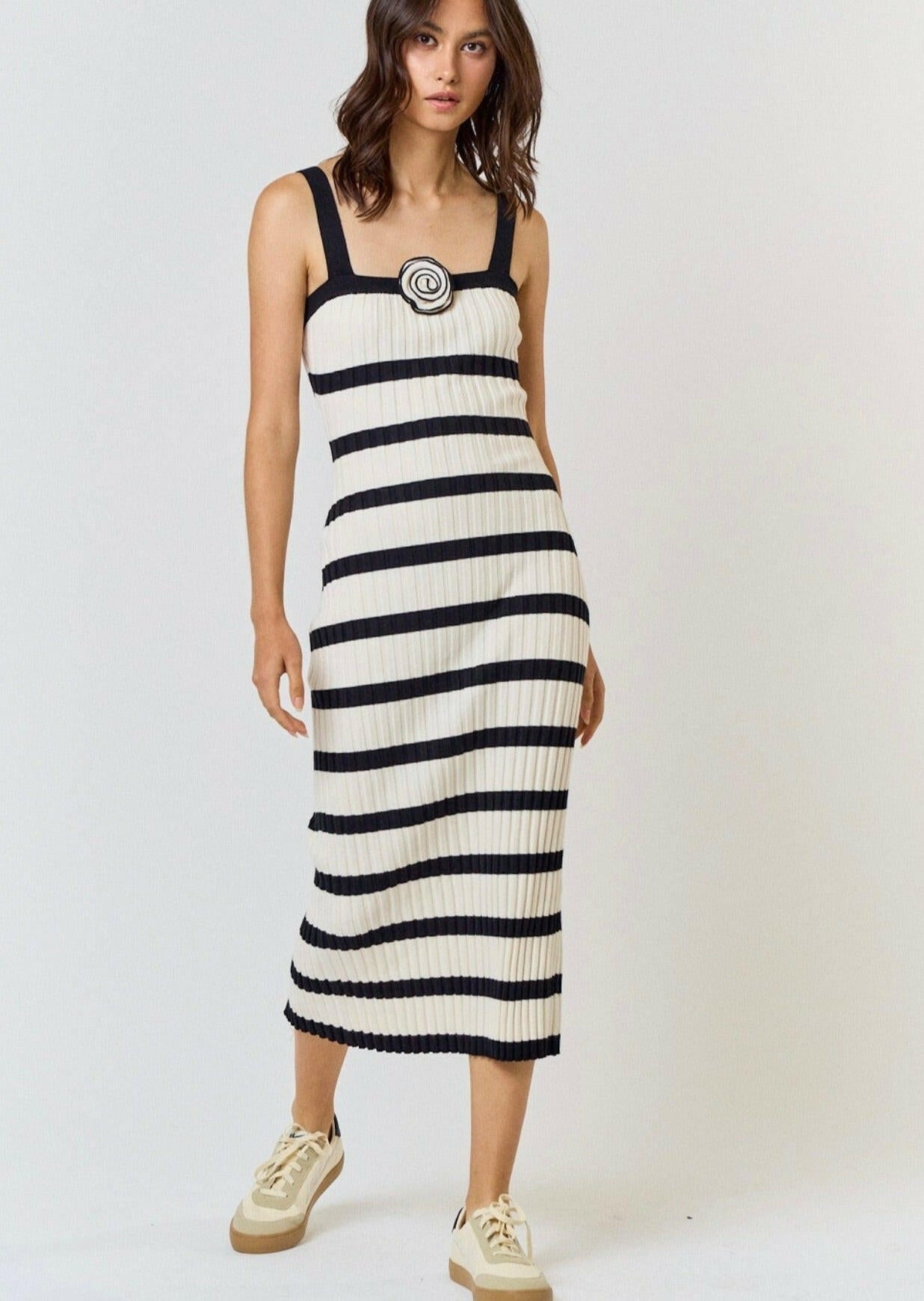Rosette Striped Sleeveless Sweater Midi Dress - Cream & Black | Summer Casual Outfit, Beach Cover Up, Vacation Wear, Party Dress