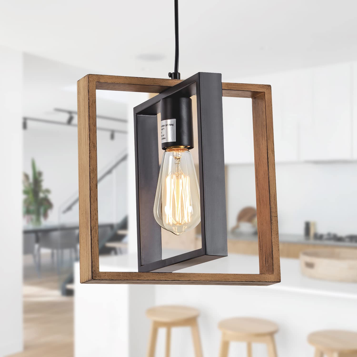 Modern Black Mini Wood Farmhouse Chandelier - Kitchen Island Pendant Light for Dining Room, Foyer & Hallway | Rustic Hanging Light Fixture for Home Decor & Cozy Ambiance