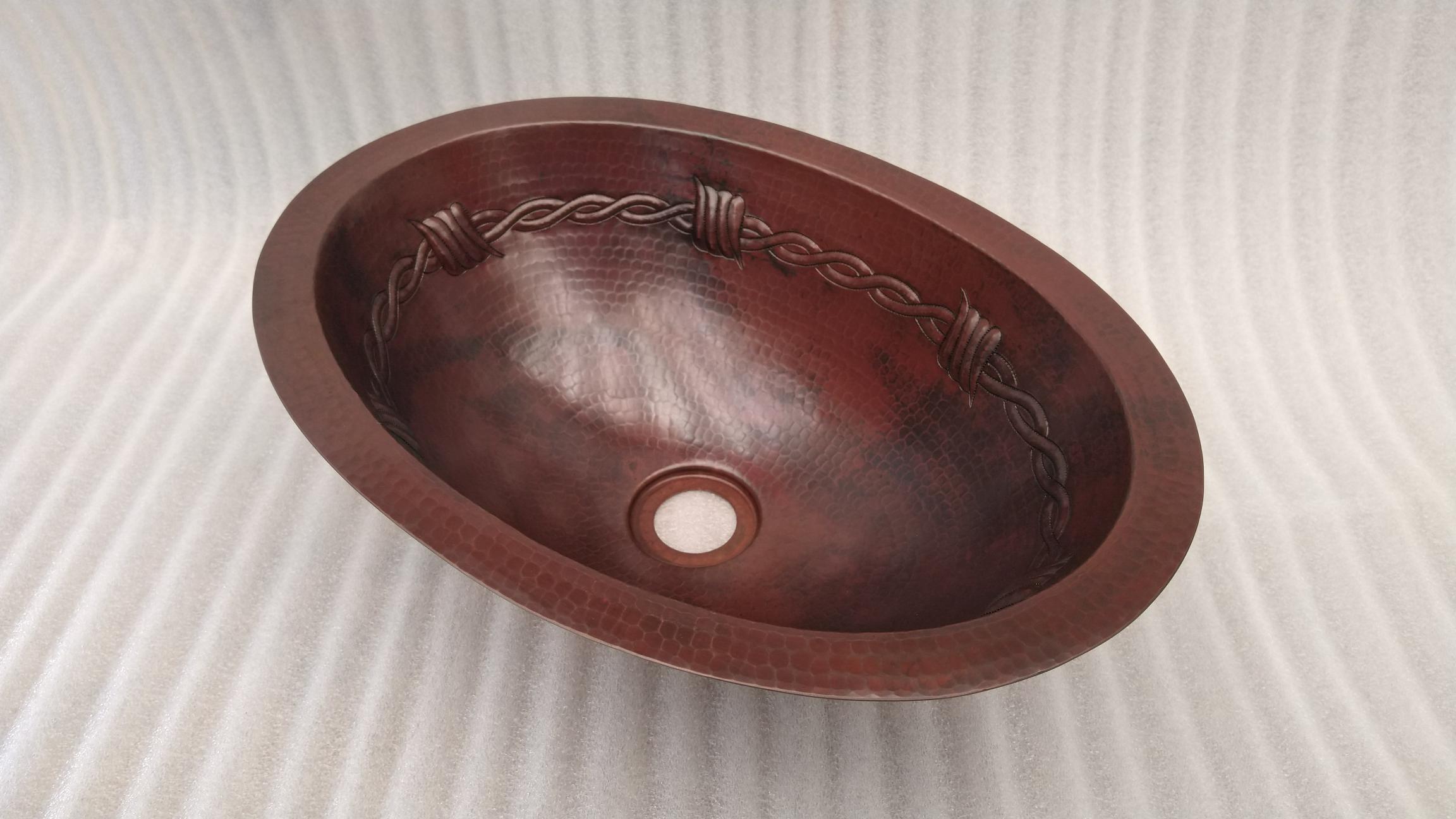 Stylish Oval Copper Sink with Rustic Barbwire Design - Perfect for Farmhouse, Vintage & Industrial Kitchen Decor