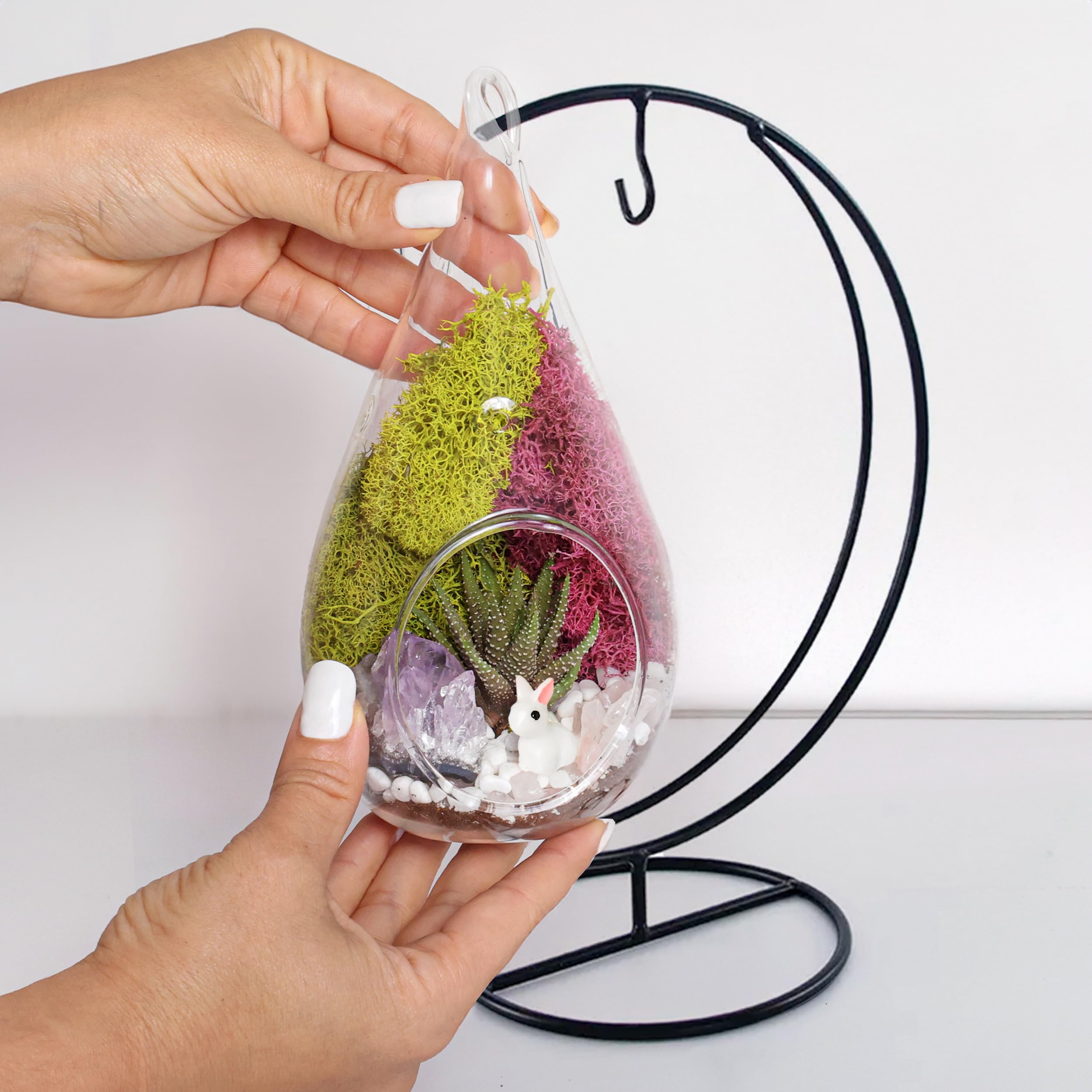 DIY Glass Terrarium Kit with Metal Stand - Complete Starter Set for Adults Includes Reindeer Moss, Crystals, Rocks, Tools & Mini Figurines | Perfect for Home Decor, Office Desk, Gift Ideas & Plant Lovers