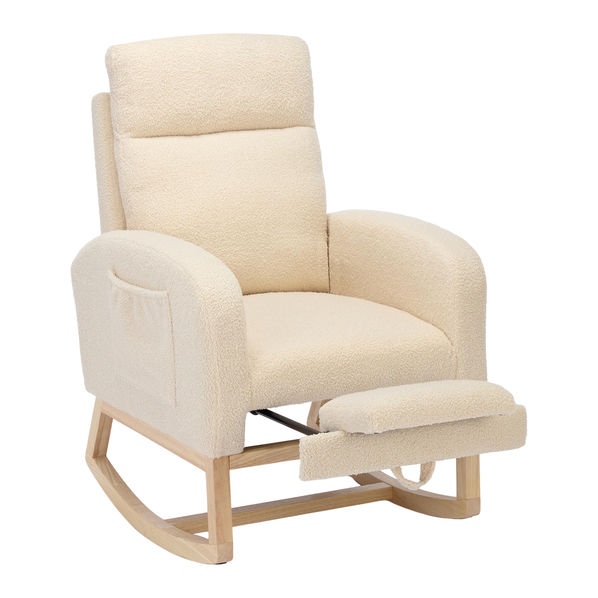 Teddy Upholstered Nursery Rocking Chair with Footrest - Solid Wood Glider Rocker with Side Pockets - Comfortable Armchair for Baby Nursery, Living Room, Bedroom & Lounge (Beige) - Perfect for Breastfeeding, Reading & Relaxing