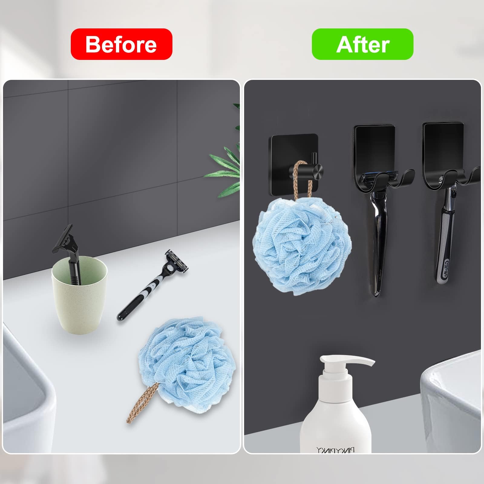 4-Pack Self-Adhesive Razor Holder & Shower Hook Set - Damage-Free Bathroom Organizer for Shavers, Loofahs & Sponges - Perfect for Shower, Bathroom & Travel Use