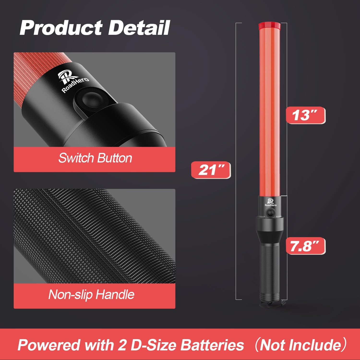 RoadHero 6 Pack 21-Inch LED Traffic Batons - 3 Flashing Modes & White Tip Light for Night Safety - Perfect for Airport Marshaling, Parking Direction, and Traffic Control | Durable Light Wands for Road Safety, Construction Sites & Emergency Signaling