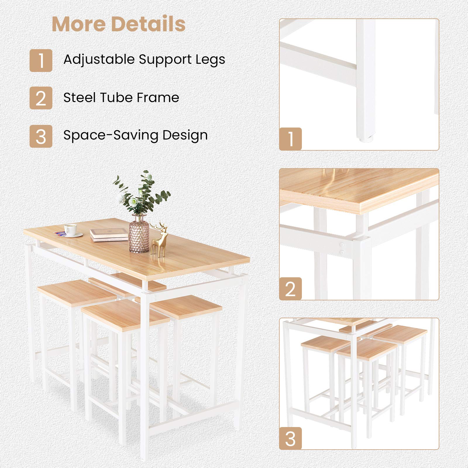 Recaceik 5-Piece Modern Wooden Dining Table Set with 4 Chairs - Compact Kitchen & Pub Height Table for Breakfast Nook, Small Space Living Room - Perfect for Apartments, Condos & Cozy Home Dining