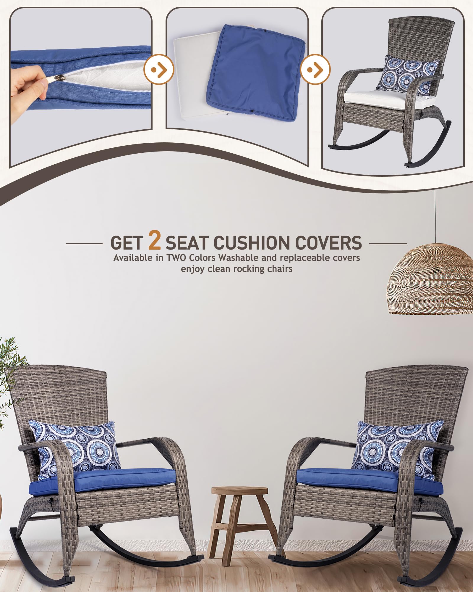All-Weather Outdoor Rocking Chair - Rattan Patio Rocker with Steel Frame & 2 Replaceable Cushion Covers (Blue & White) - 350lbs Capacity, Grey - Perfect for Garden, Porch, and Backyard Relaxation