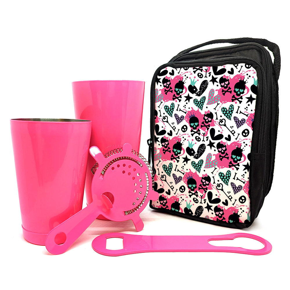 Stylish Bar Tote Set with Neon Pink Bar Tools & Cute Skull Design - Perfect for Cocktail Parties, Home Bars, and Bartender Gifts