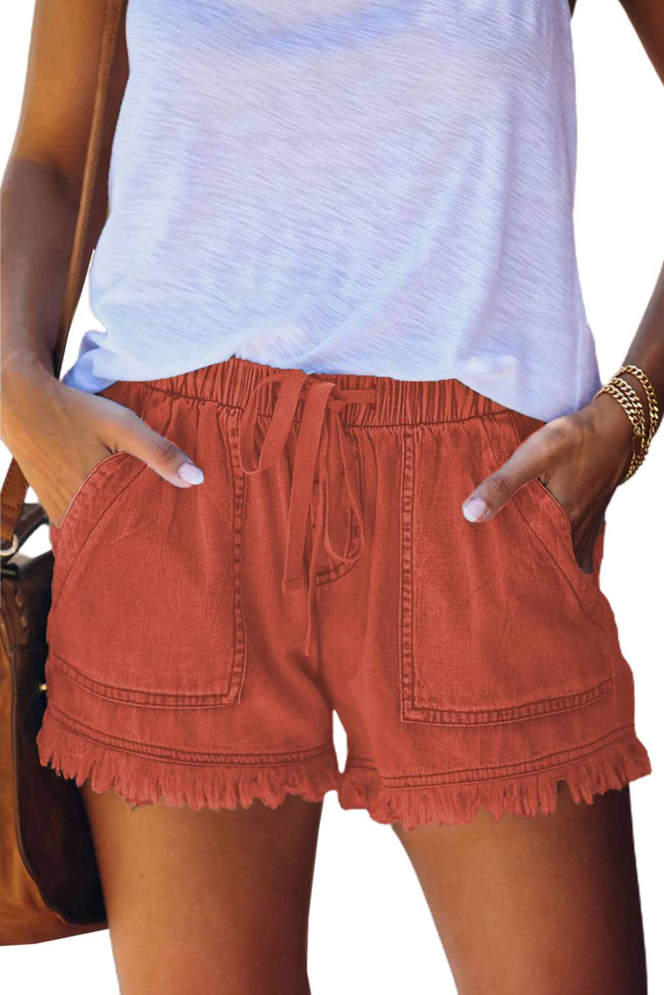 GOLDPKF Women's Denim Jean Shorts - Mid Waist Stretchy Ripped Casual Summer Shorts with Frayed Hem | Perfect for Beach Outings, Weekend Errands & Summer Vacations