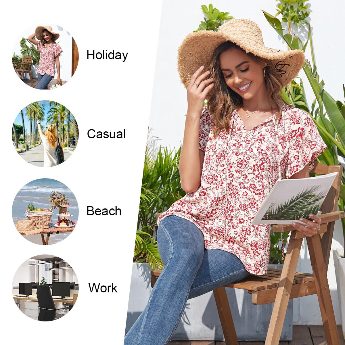 Anydoll Women's 2025 Summer Tunic Tops - Casual Short Sleeve V-Neck Blouses, Flowy Chiffon Boho Shirts for Beach, Vacation & Everyday Wear