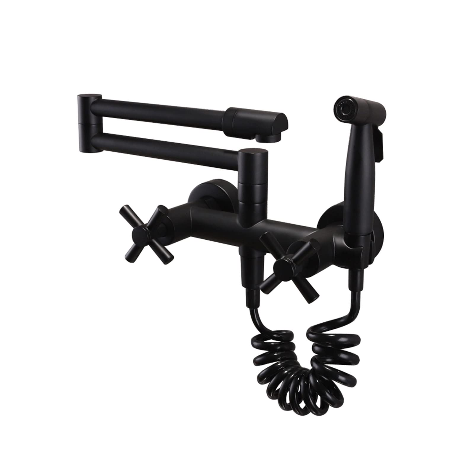 Wall Mount Pot Filler Kitchen Faucet - Matte Black Brass Swing Arm Faucet with Double Joint & 2 Handles | Single Hole Installation | Ideal for Cooking, Filling Large Pots & Modern Kitchen Upgrades
