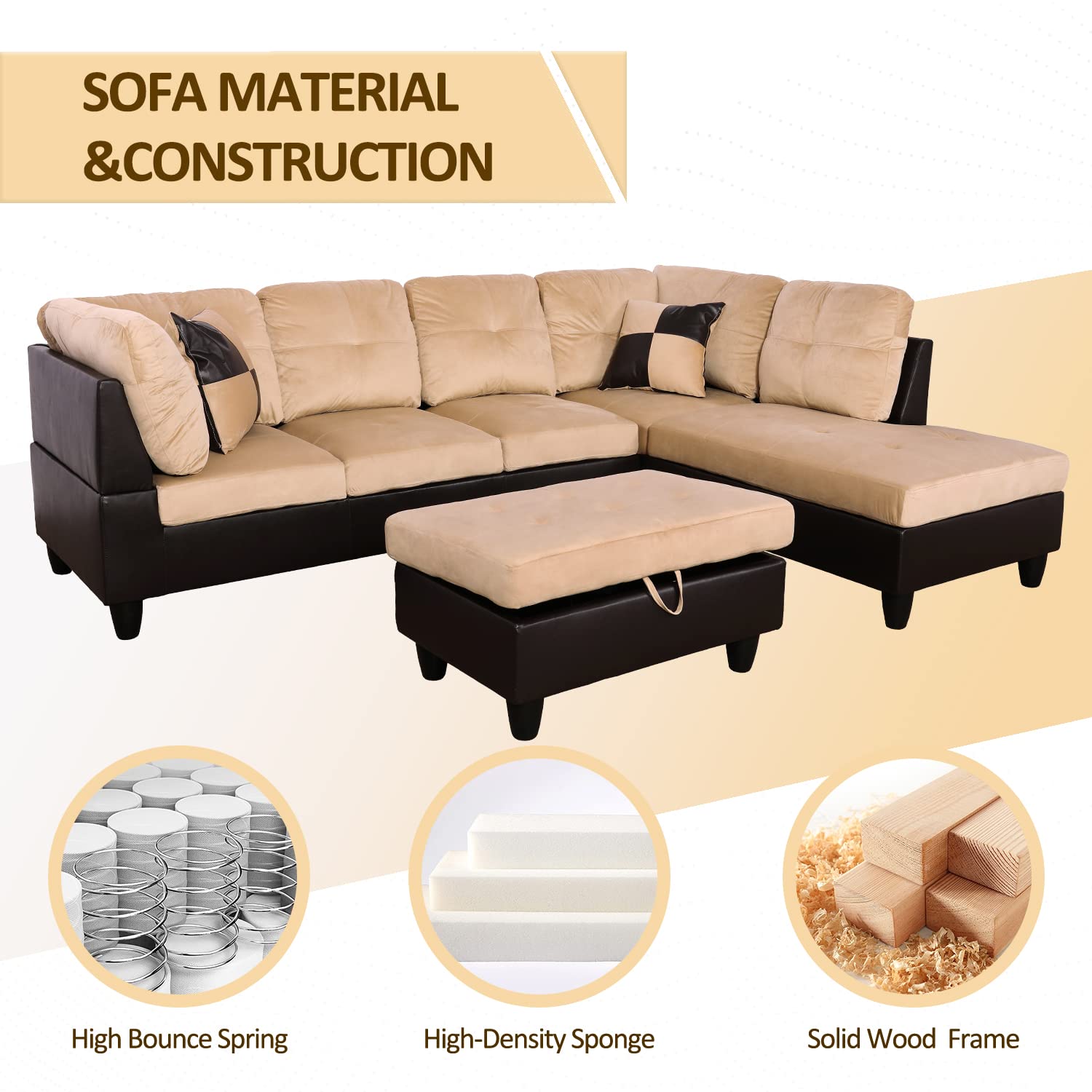 L-Shaped Microfiber Sectional Sofa Set with Storage Ottoman - Modern Living Room Couch for Apartments & Homes, Beige | Perfect for Small Spaces, Family Gatherings & Movie Nights (Includes Hydraulic Lift Ottoman)