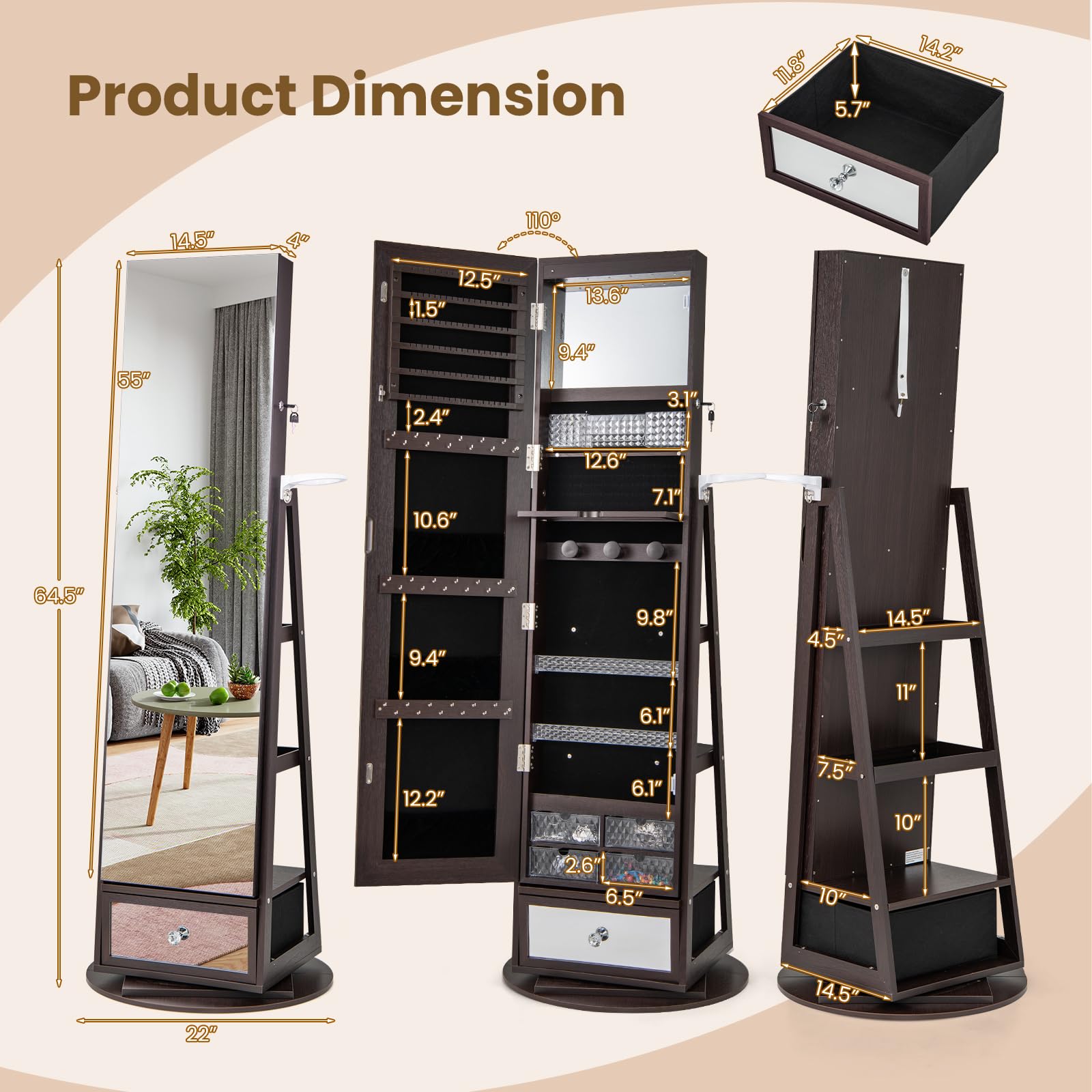CHARMAID 360° Swivel Jewelry Cabinet Armoire with Full Length Mirror - 64.5