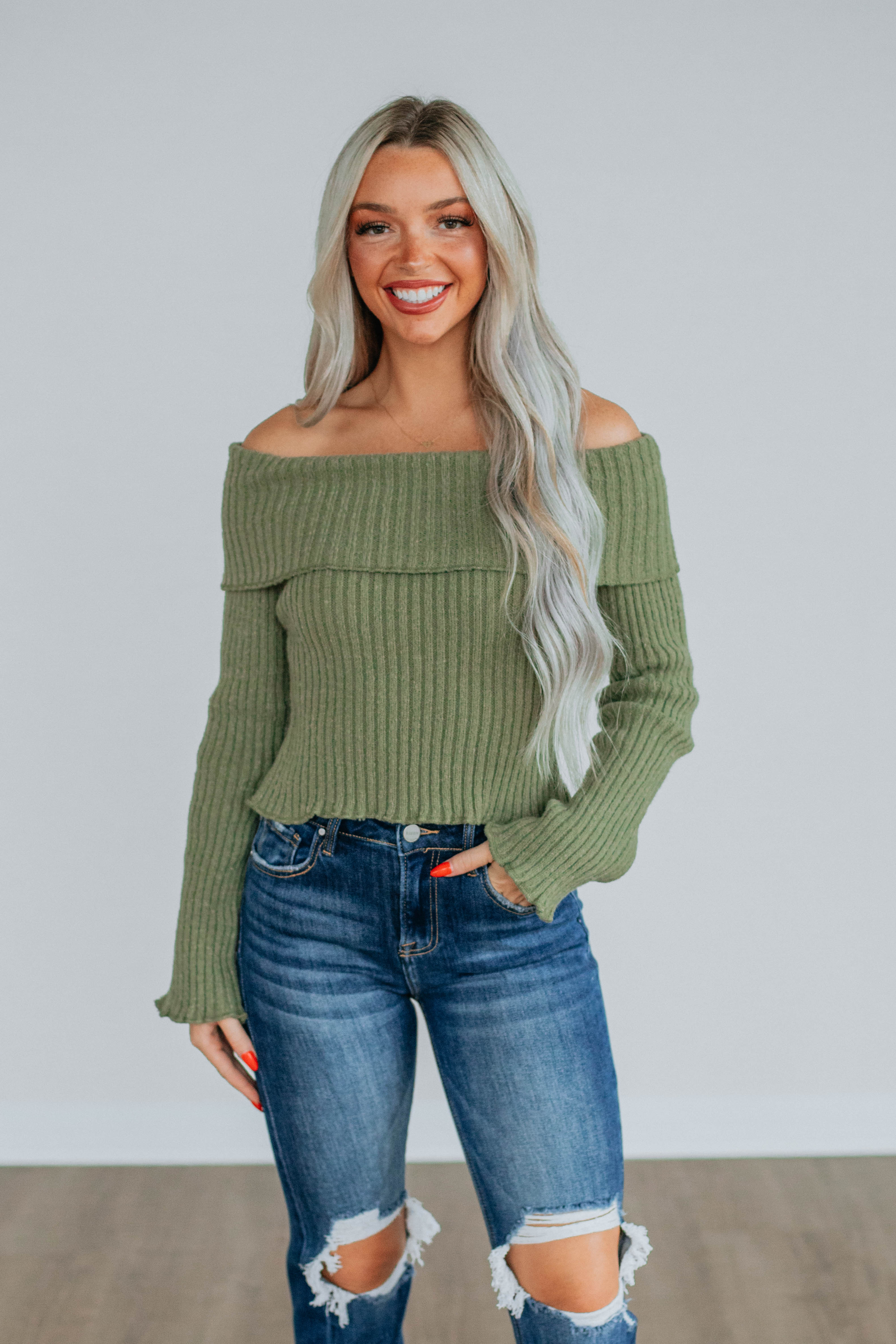 Elaine Off Shoulder Sweater for Women - Olive Green Knit Pullover | Casual Fall & Winter Fashion | Perfect for Dates, Parties & Cozy Nights