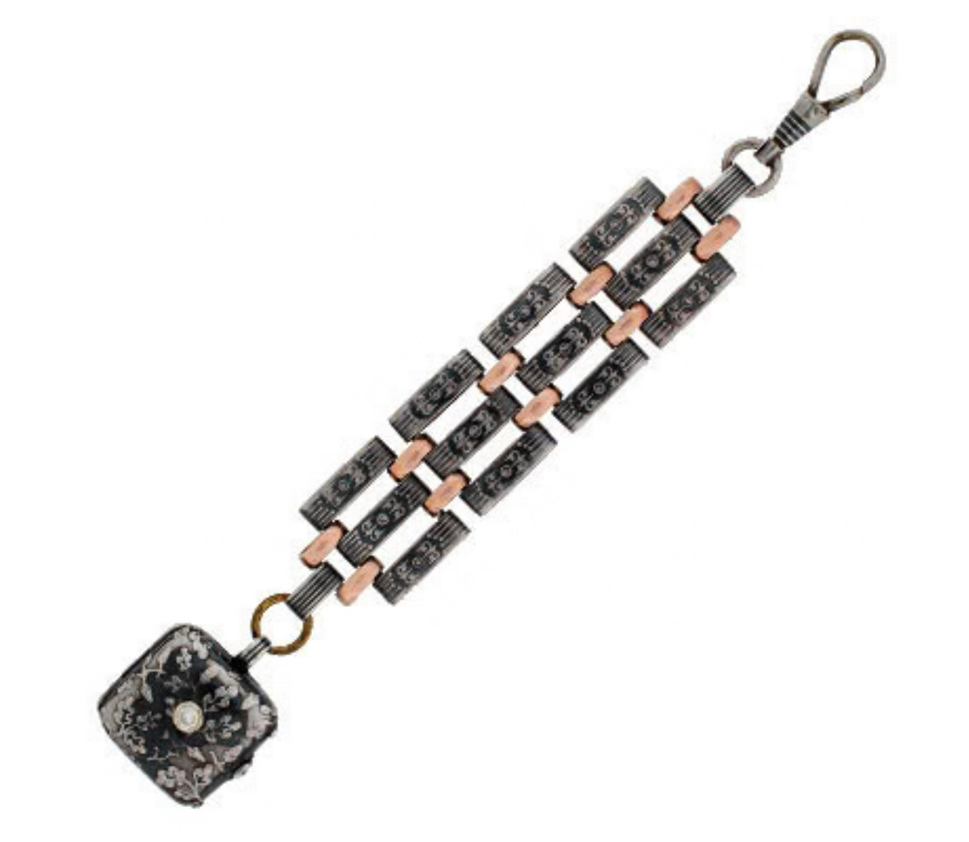 Victorian Sterling Silver & 9kt Gold Niello Link Fob Locket Pendant - Elegant Antique Jewelry for Necklace, Watch Chain & Vintage Style Accessories