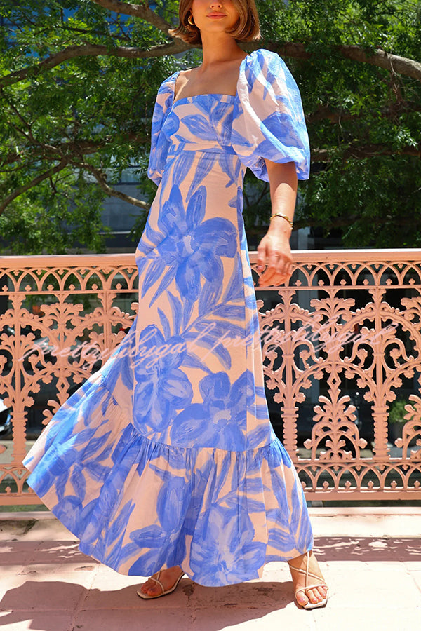 Elegant Watercolor Floral Print Square Neck Puff Sleeve Maxi Dress - Perfect for Summer Weddings, Beach Vacations & Boho Fashion