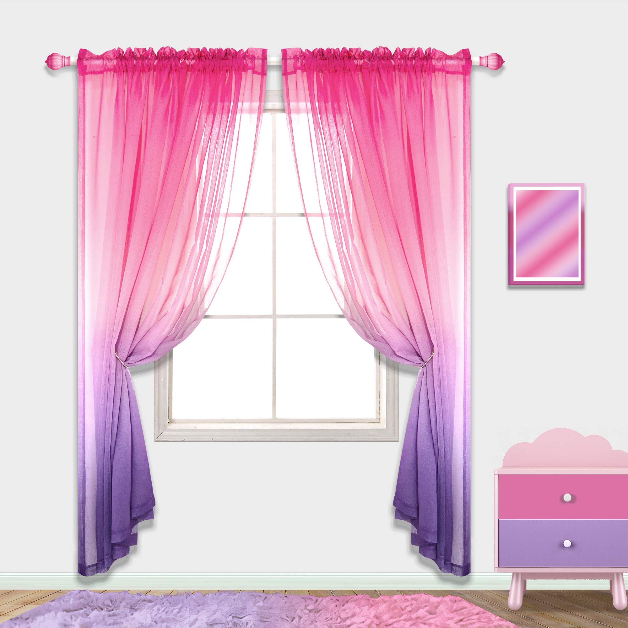 Pink and Purple Ombre Sheer Curtains for Girls Bedroom - 2 Panels Set, 84 Inch Length, Cute Princess Style for Kids Nursery & Teen Room Decor - Perfect for Windows, Dorm, Playroom & Princess-Themed Parties