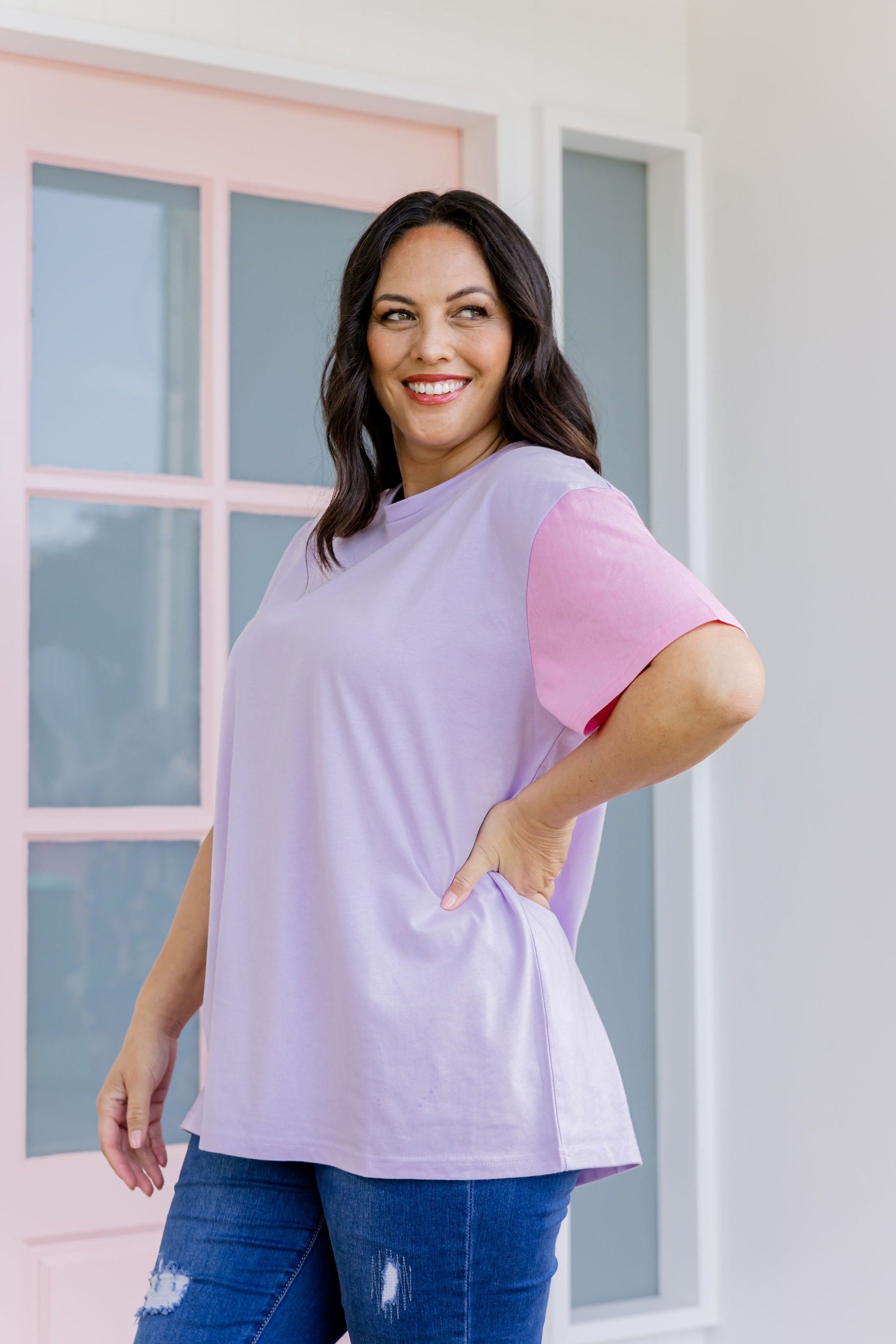 Ella Blocked T-Shirt in Purple | Trendy Women's Casual Tee for Everyday Wear | Perfect for Outings, Shopping & Relaxing