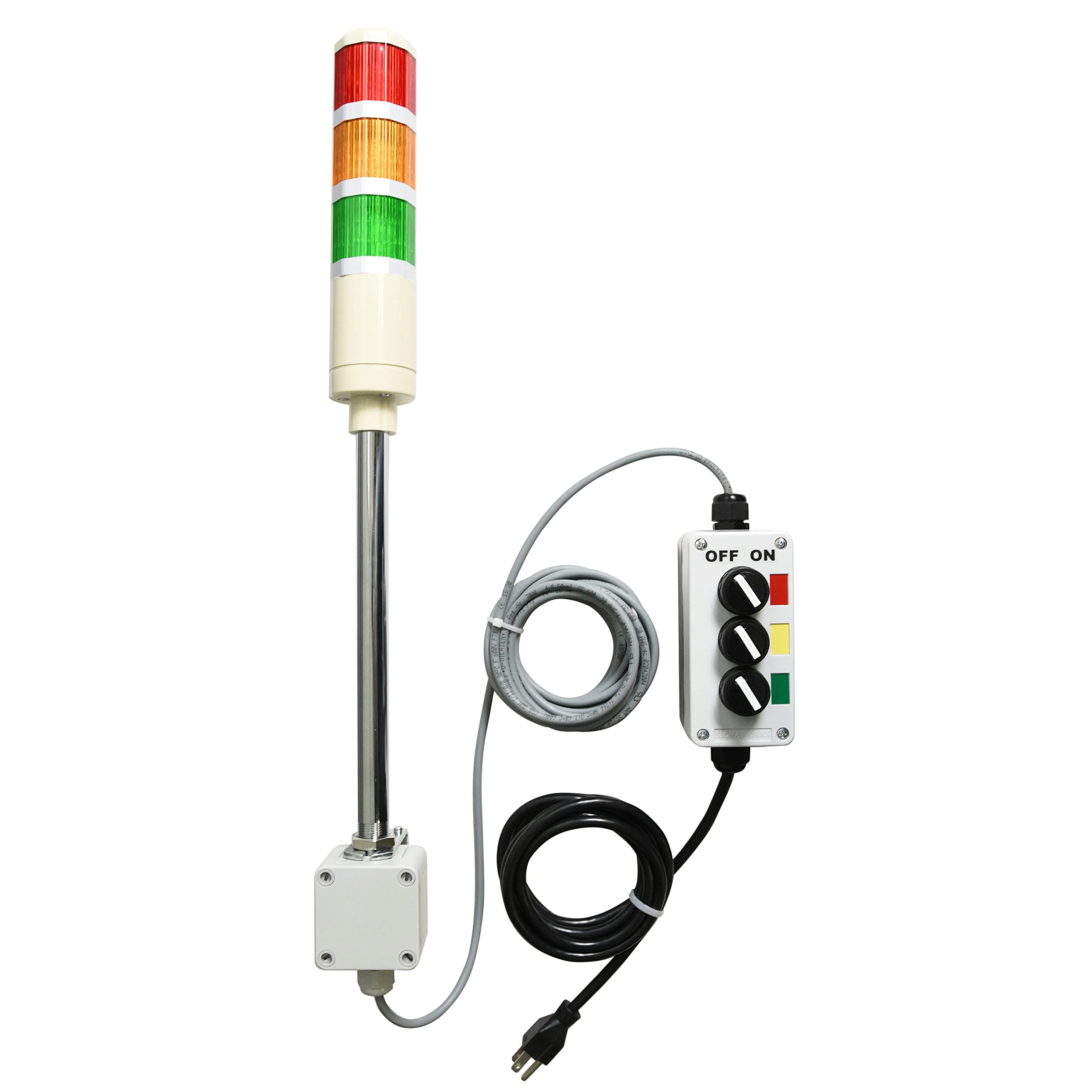 Signaworks 3 Stack Super Bright LED Andon Tower Light - Red/Amber/Green with 10' Extended Cable & 3 Switch Box, Plug & Play Ready for Industrial Use - Perfect for Factory Assembly Lines, Warehouse Operations, and Manufacturing Equipment Monitoring (Assembled in USA)