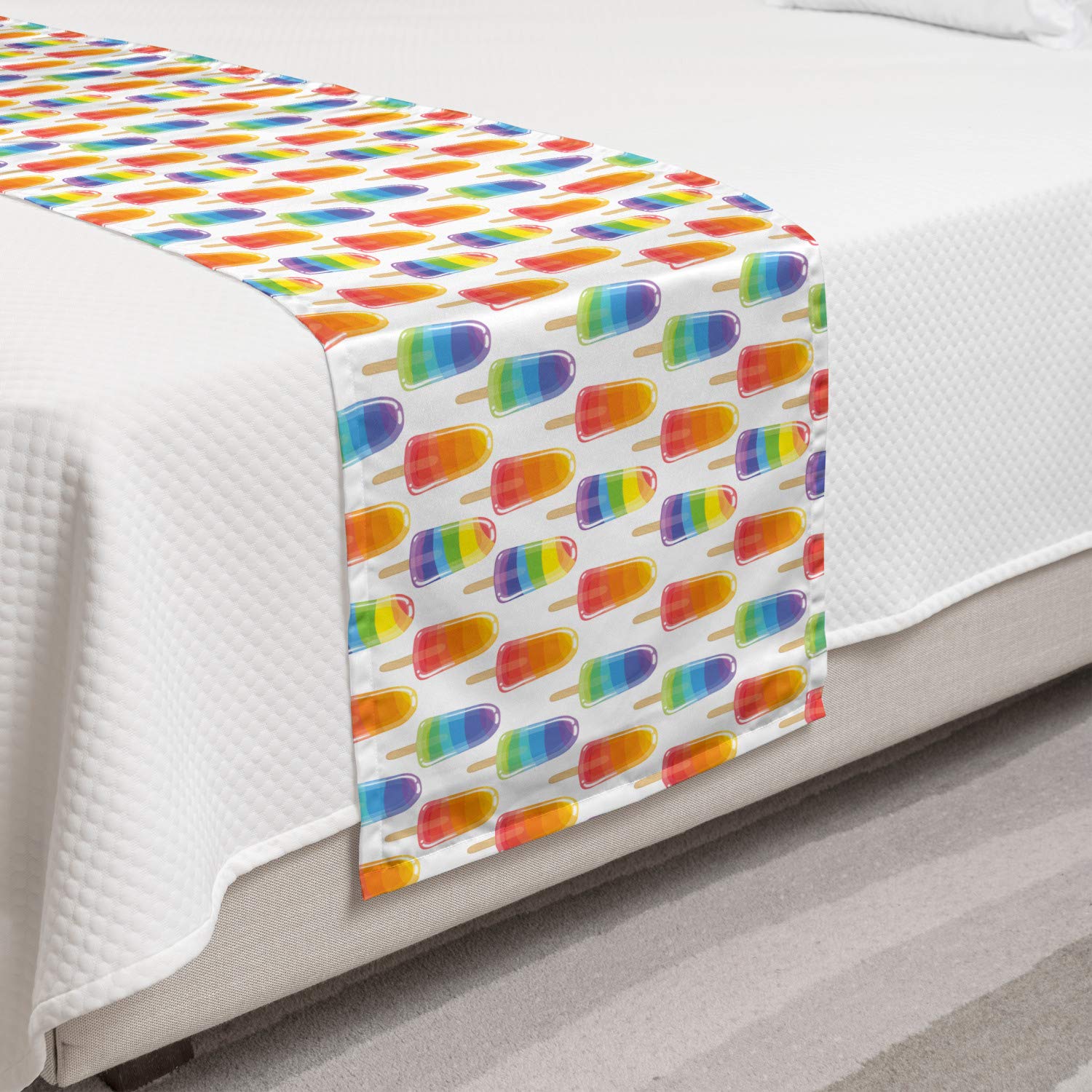 Ambesonne Ice Cream Bed Runner - Colorful Orange & Rainbow Popsicle Pattern Decorative Bed Scarf for Home, Hotel & Guest Room Decor | Sweet Treats Themed Accent Piece for Bedroom Styling & Ice Cream Lover Gifts