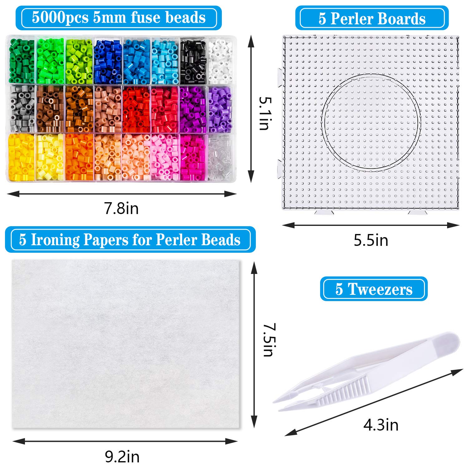 5000-Piece Perler Beads Kit with 5 Large Pegboards, Tweezers & Ironing Papers | DIY Fuse Bead Crafts for Kids & Adults | Perfect for Home Decor, Gifts & Creative Projects