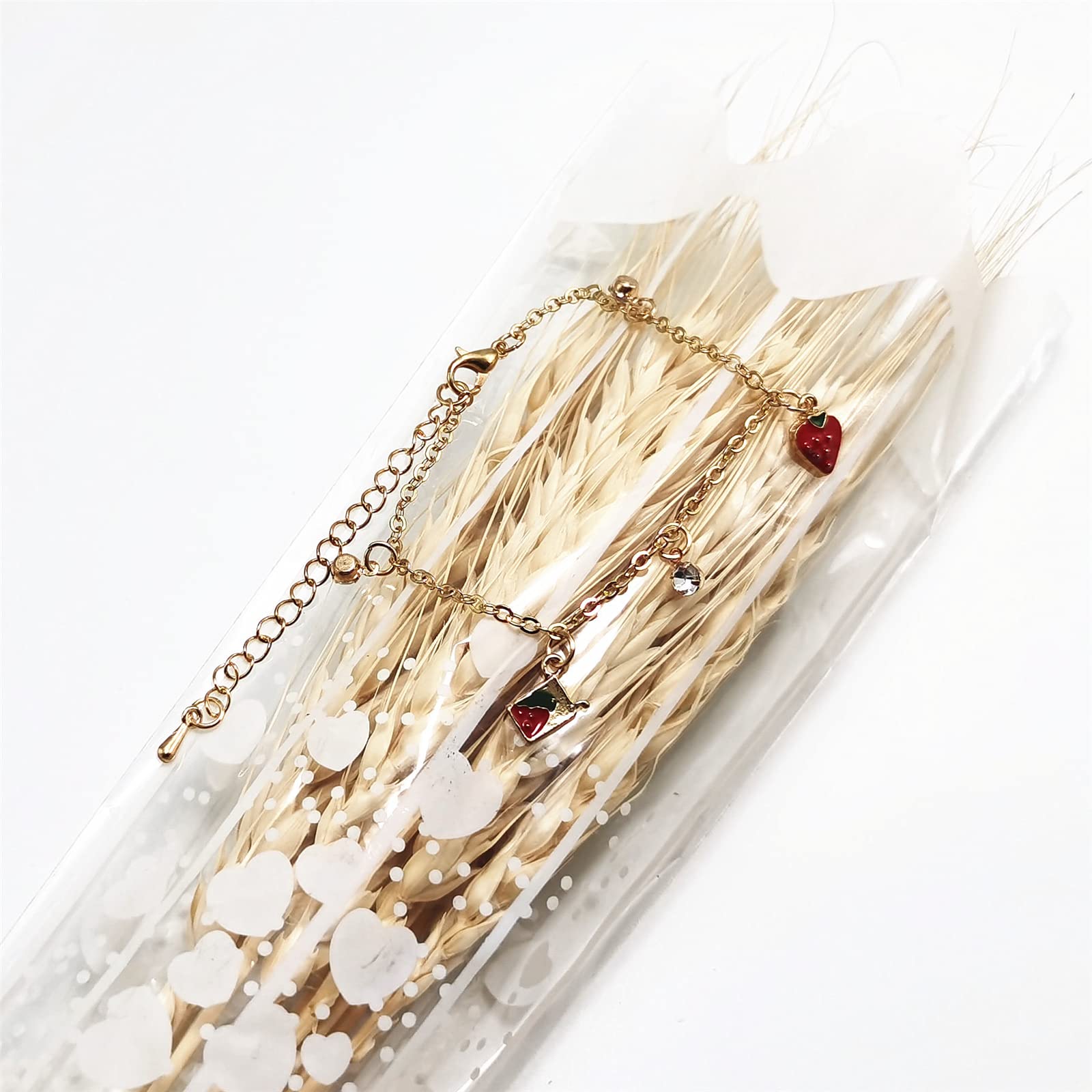 Cute Fruit Bracelets for Women - Gold Plated Strawberry & Cherry Charm Tassel Bracelet with Green Leaves - Trendy Food Chain Jewelry for Casual Wear, Summer Outfits & Gift Giving