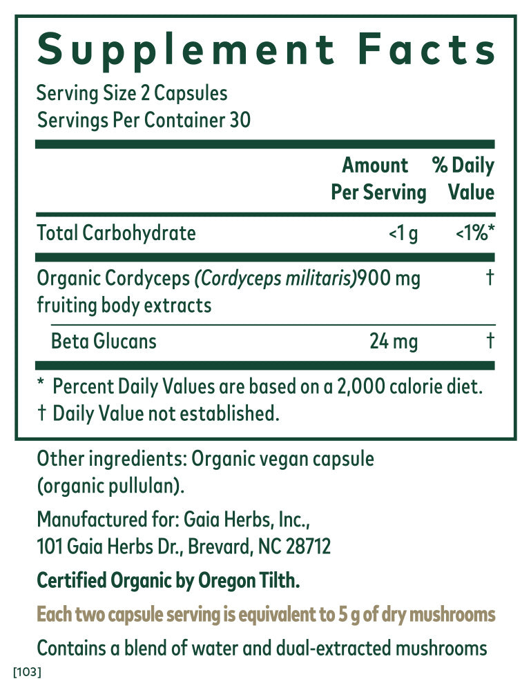Organic Gaia Cordyceps Mushroom Supplement - 60 Capsules - Immune & Energy Support - Vegan & Non-GMO - Perfect for Athletes & Wellness Enthusiasts