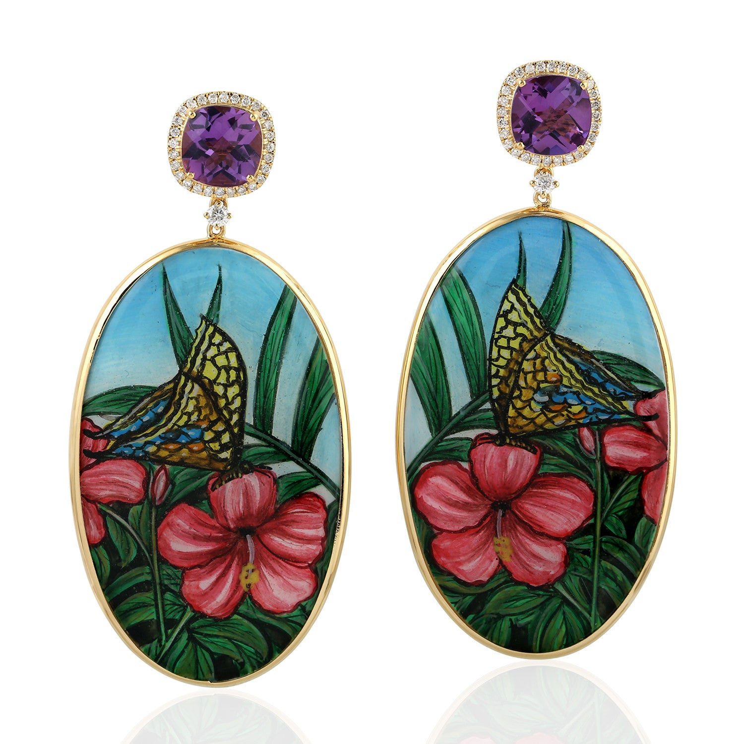 18K Yellow Gold Amethyst Pave Diamond Picture Bakelite Dangler Earrings - Elegant Vintage Jewelry for Weddings & Special Occasions