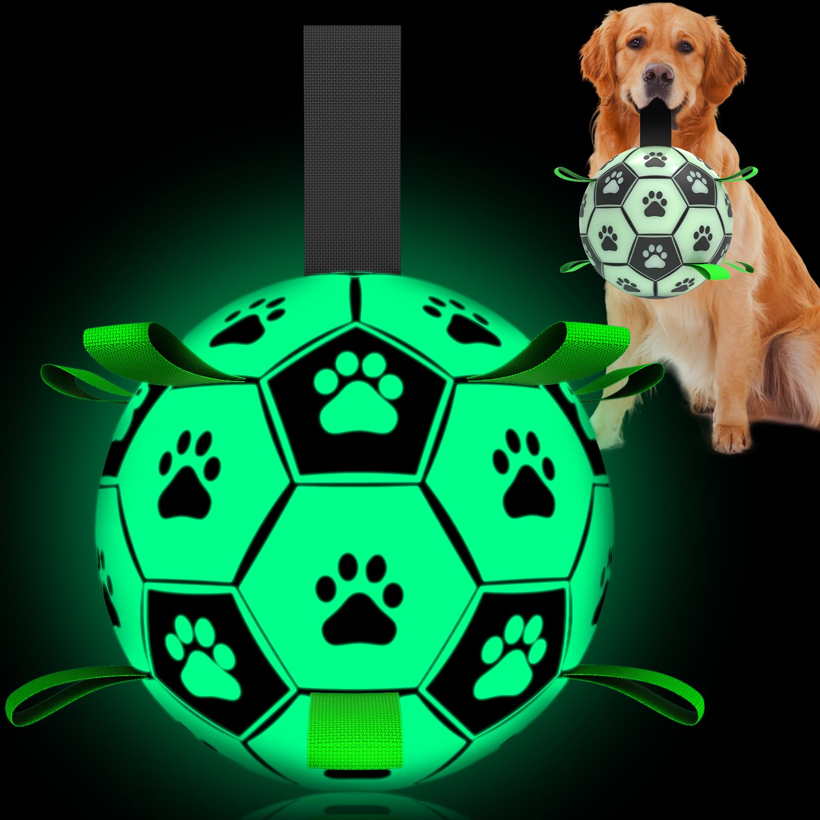 Glow in The Dark Dog Soccer Ball Toy with Straps - Interactive Chew & Tug Toy for Small & Medium Dogs - Perfect for Indoor/Outdoor Play, Training & Puppy Birthday Gifts (8 Inch Size 3) - Waterproof Light Up Ball for Nighttime Fetch & Backyard Fun