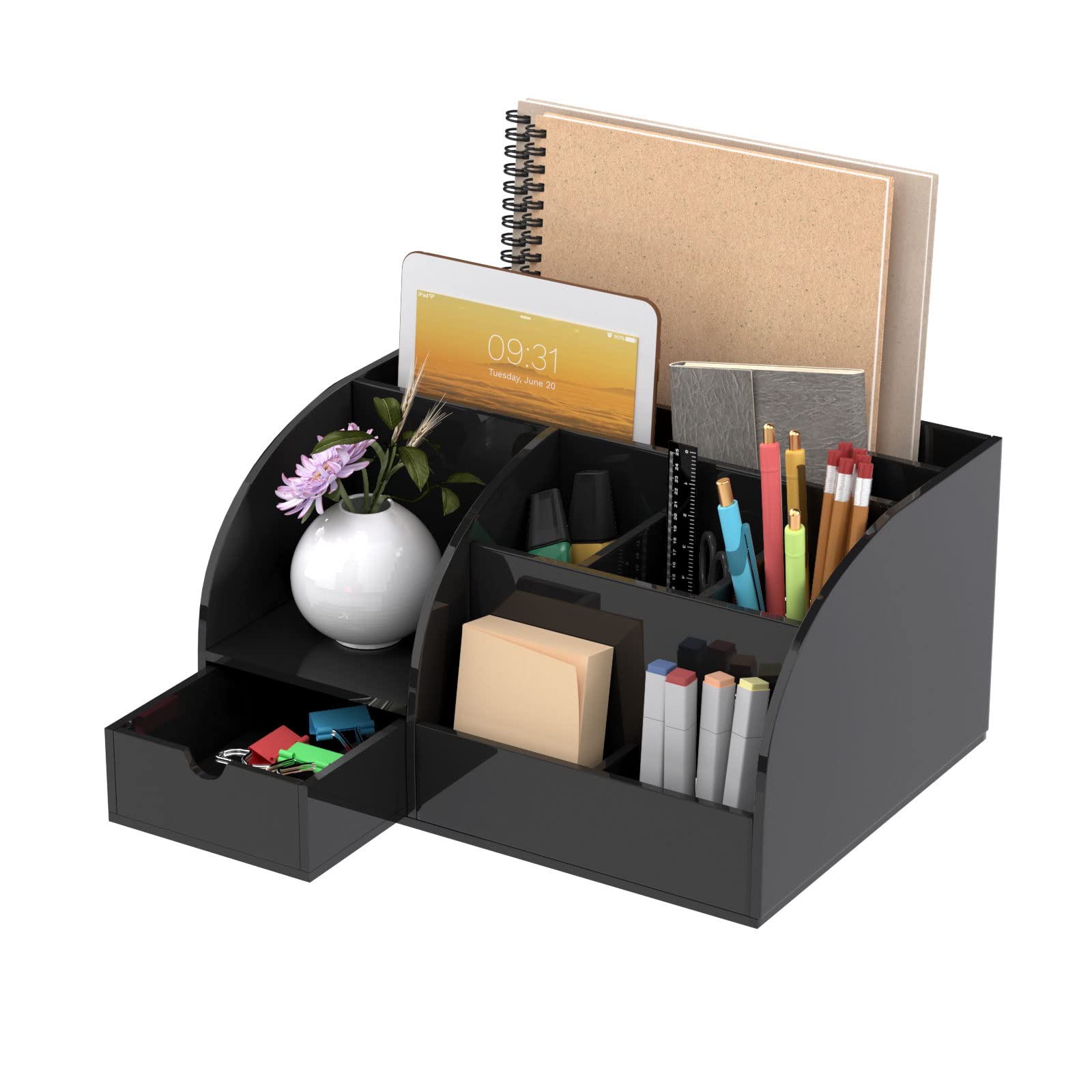 FEMELI Acrylic Desk Organizer with 8 Compartments & 1 Drawer - Black Office Desk Storage for Pens, Papers, Supplies | Perfect for Home Office, Study Room & Workspace Organization